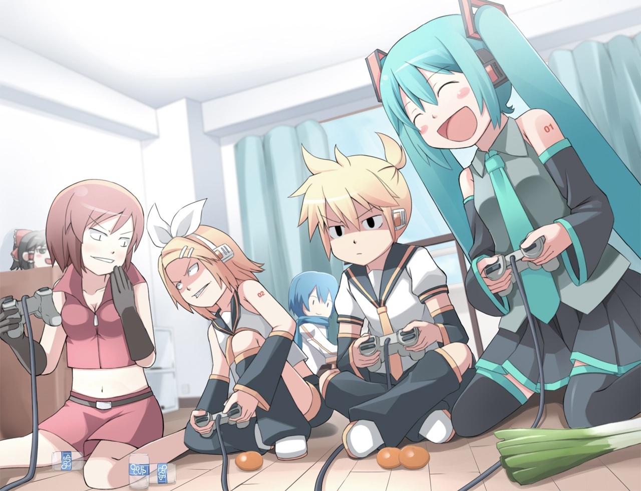masuneko, hakurei reimu, hatsune miku, kagamine len, kagamine rin, kaito (vocaloid), meiko (vocaloid), touhou, vocaloid, bad id, bad pixiv id, 2boys, 3girls, alcohol, angry, crazy eyes, food, fruit, game console, mandarin orange, multiple boys, multiple girls, playing games, sake, smile, spring onion, twintails, yukkuri shiteitte ne