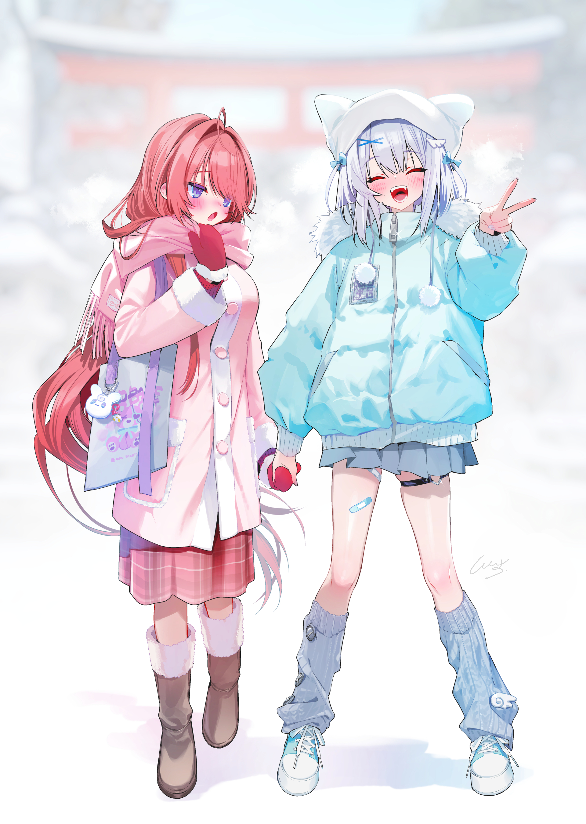 kurimochi chizuru, original, absurdres, commentary request, highres, 2girls, ahoge, bag, bandaid, bandaid on thigh, blue eyes, blue jacket, blue shoes, blue skirt, blush, boots, brown boots, closed eyes, coat, full body, gloves, grey socks, hair ornament, hairclip, hat, holding hands, jacket, kneehighs, long hair, multiple girls, open mouth, outdoors, pink coat, pink hair, pink scarf, pleated skirt, red gloves, red skirt, scarf, shoes, skirt, smile, socks, standing, thigh strap, torii, v, white hair, white hat