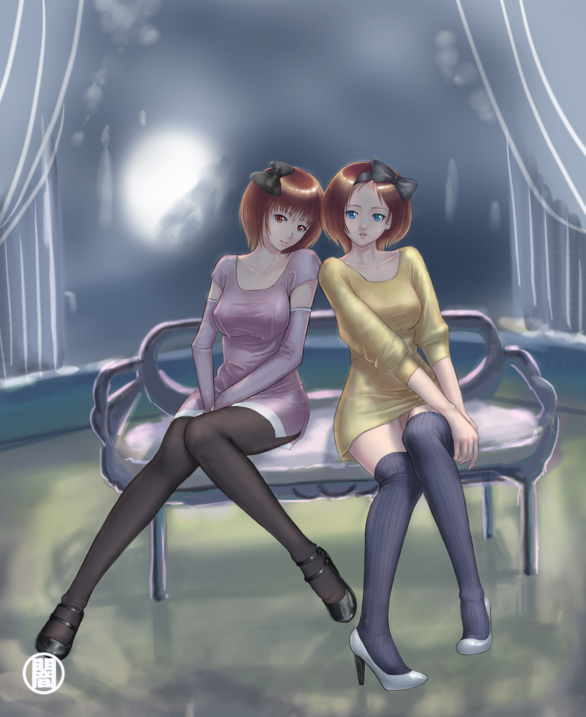 akai yami, yami (pixiv163439), original, highres, 2girls, blue eyes, breasts, brown hair, dress, elbow gloves, gloves, hair ribbon, high heels, kneehighs, large breasts, long legs, multiple girls, pantyhose, red eyes, ribbon, shoes, short hair, siblings, sisters, sitting, socks, sweater, thighhighs, twins, zettai ryouiki