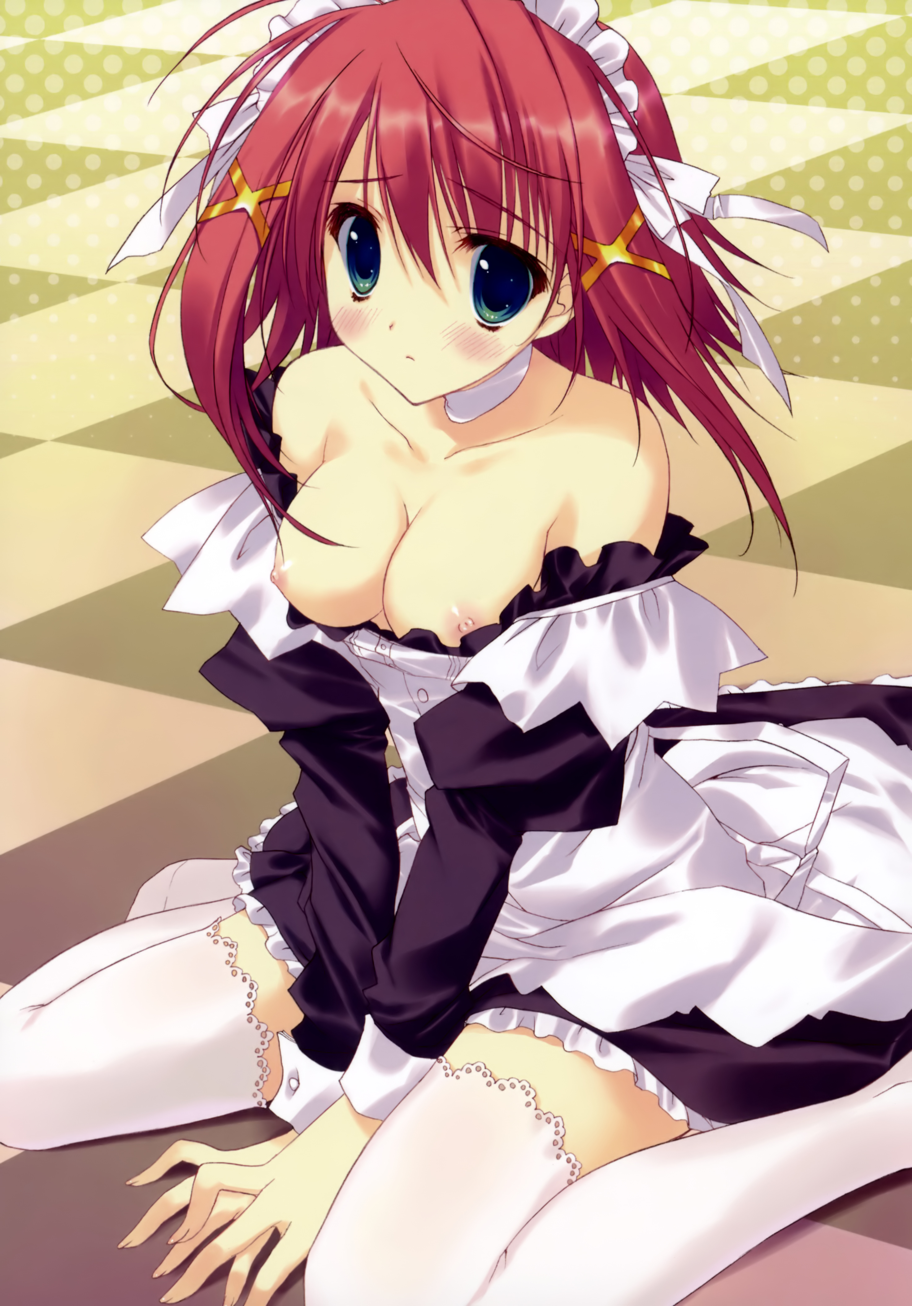 ryouka (suzuya), mitsurugi asuka, wizard girl ambitious, absurdres, highres, 10s, 1girl, blush, breasts, cleavage, female focus, nipples, pink hair, short hair, solo, thighhighs, white thighhighs