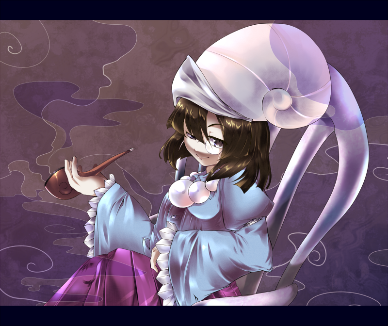 mkz, tottema, shindou kasumi, sindou kasumi, marine benefit, touhou, bad id, bad pixiv id, 1girl, brown hair, female focus, gem, letterboxed, monocle, pearl (gemstone), raised eyebrow, robe, seashell, shell, smile, smoking pipe, solo