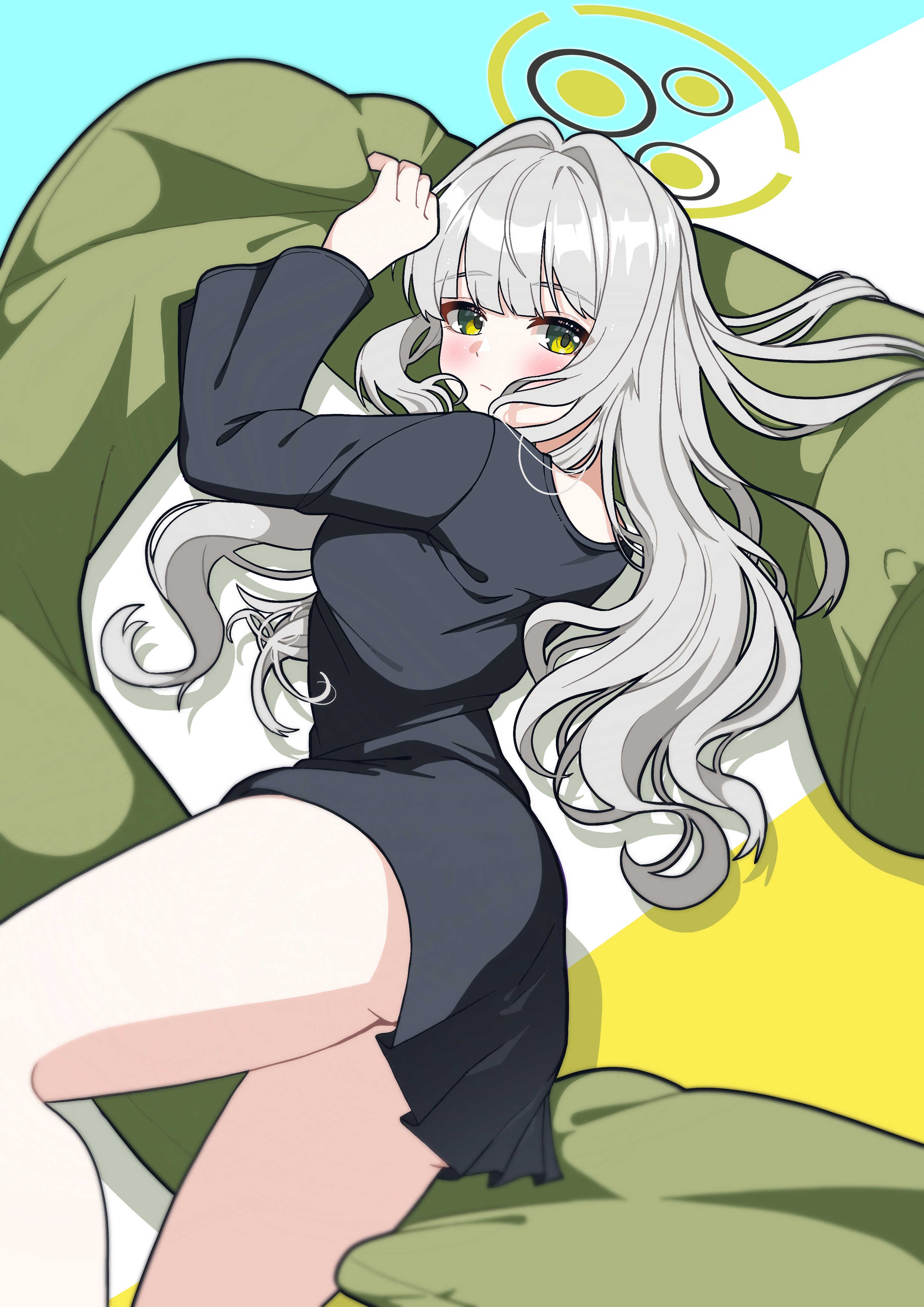 days (user zehd4554), hare (blue archive), hare (pajamas) (blue archive), blue archive, absurdres, commentary, highres, 1girl, ass, black pajamas, black shirt, blunt bangs, blush, body pillow, closed mouth, green eyes, green halo, grey hair, hair intakes, halo, long hair, long sleeves, looking at viewer, lying, official alternate costume, on side, pajamas, pillow, shirt, solo, thighs, three-toned background