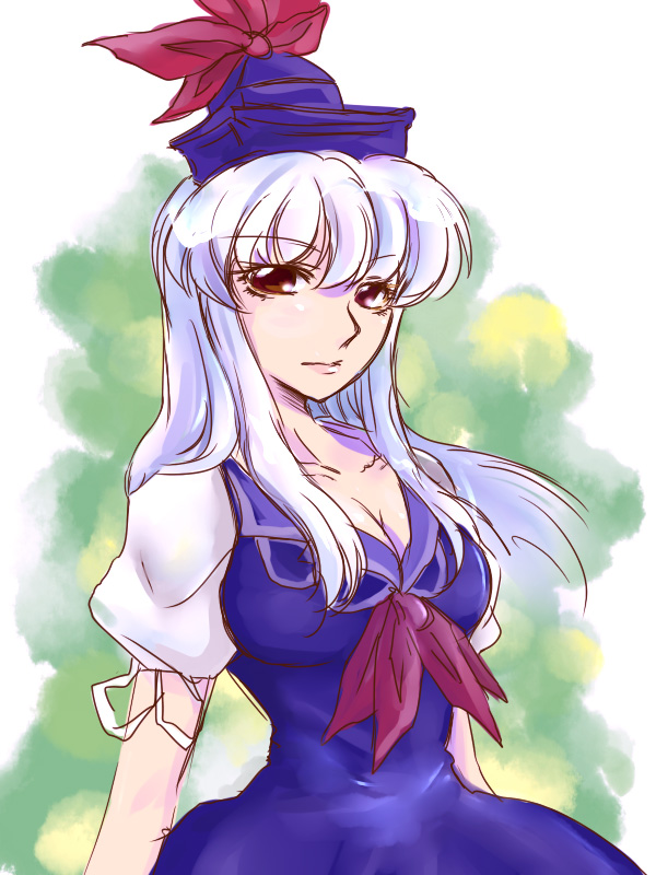 aku (dejigiga), kamishirasawa keine, touhou, 1girl, blue hair, breasts, brown eyes, cleavage, female focus, hat, solo