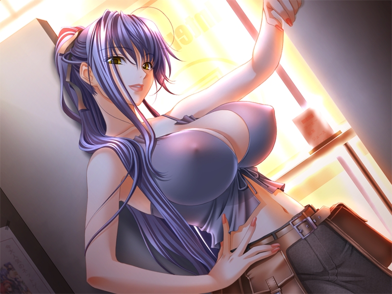 sano toshihide, neev, ogushi yuniko, 7 online, g.j?, duplicate, game cg, jpeg artifacts, belt, blue hair, bow, breasts, cleavage, covered erect nipples, hair ribbon, huge breasts, large breasts, long hair, midriff, ponytail, purple eyes, purple hair, ribbon, yellow eyes