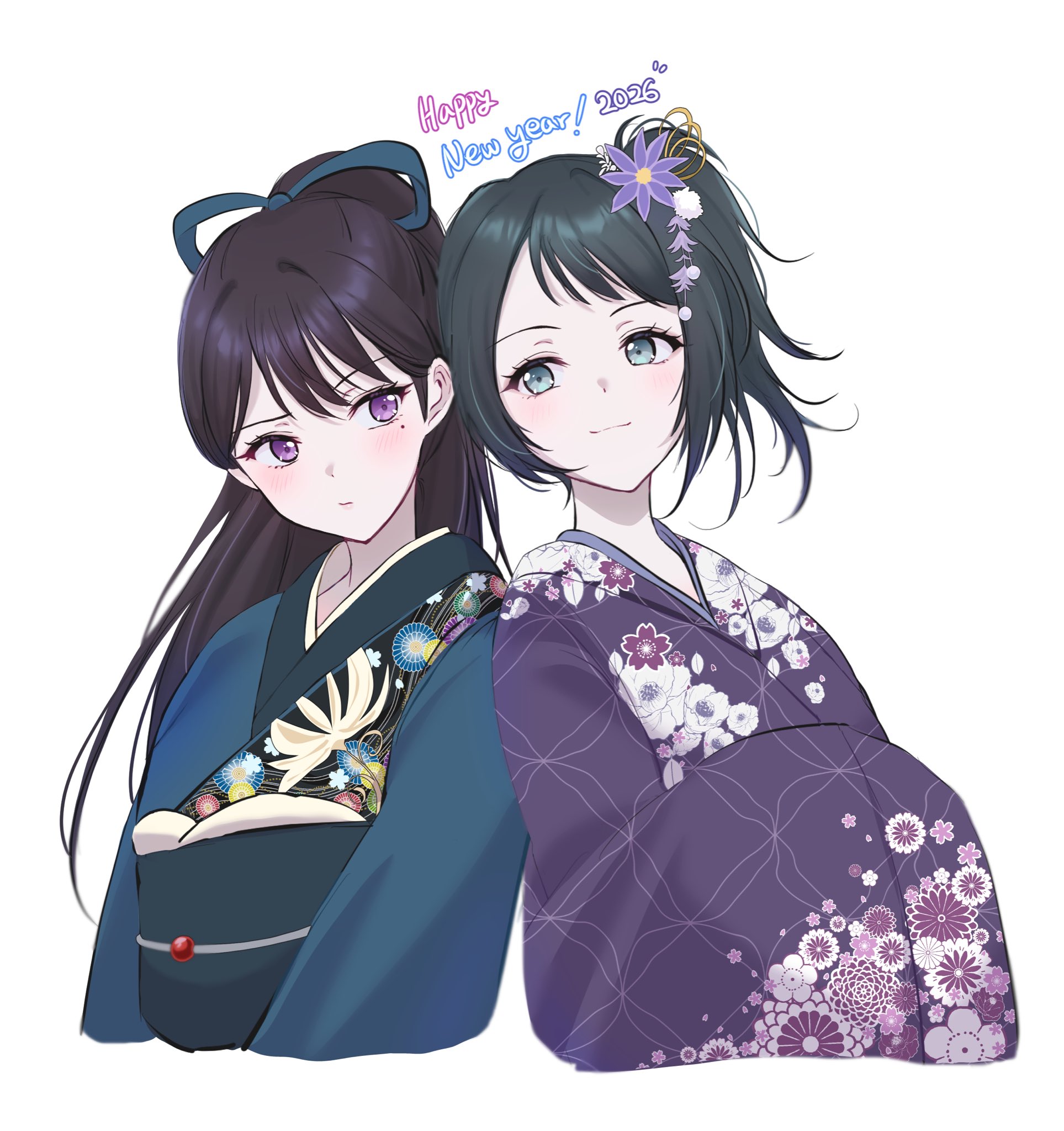 ppora, shiina taki, yahata umiri, bang dream!, bang dream! it's mygo!!!!!, commentary, english commentary, highres, 2girls, black hair, blue eyes, blue kimono, blush, closed mouth, floral print, floral print kimono, half updo, japanese clothes, kimono, long hair, mole, mole under eye, multiple girls, one side up, print kimono, purple eyes, purple kimono, simple background, white background