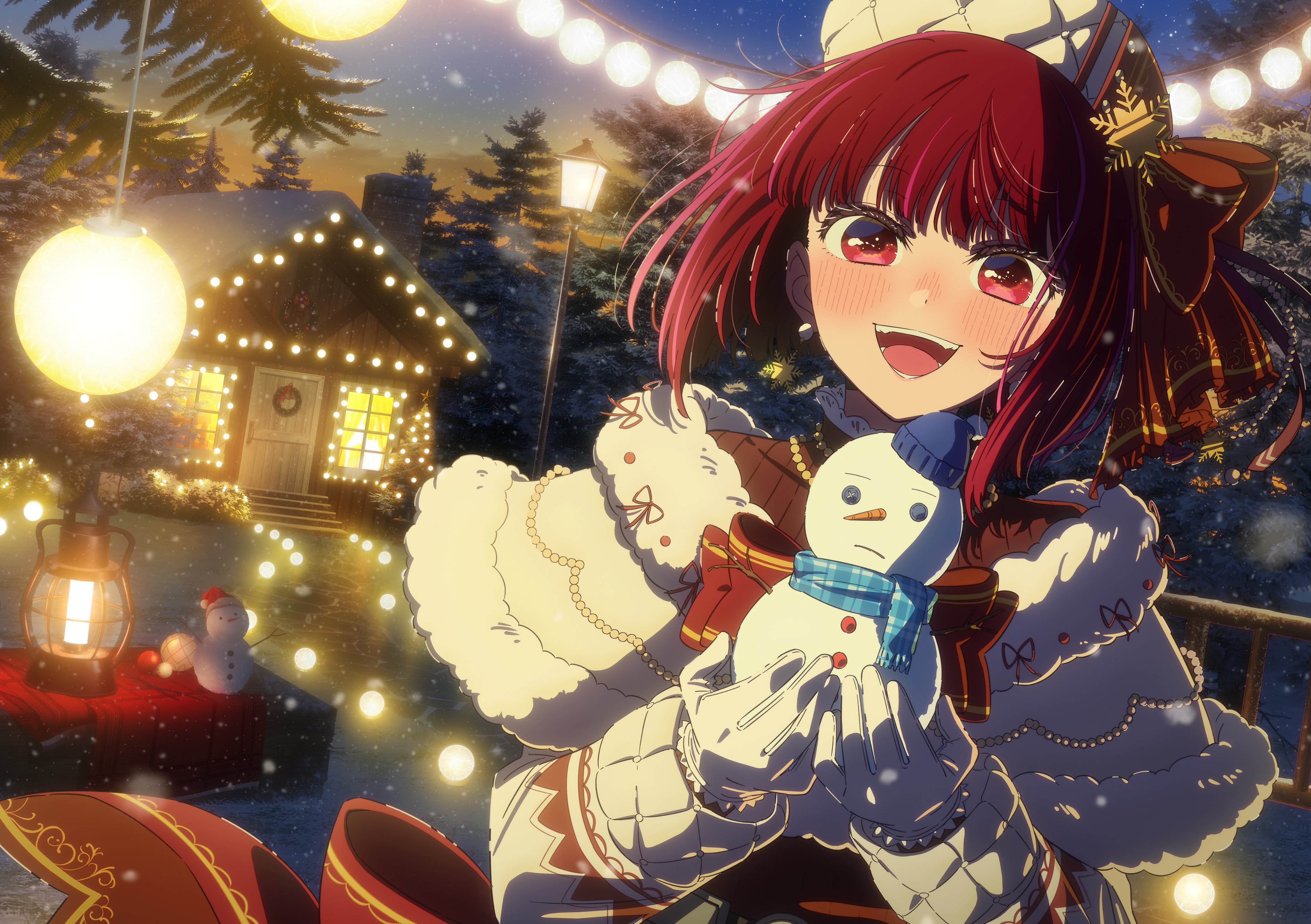 hirayama kanna, arima kana, oshi no ko, absurdres, commentary, english commentary, highres, official art, 1girl, anime coloring, beret, blush, bob cut, bow, bowtie, brown sweater, cabin, christmas, christmas lights, earrings, gloves, hair ribbon, hat, holding, holding snowman, inverted bob, jewelry, lamppost, long sleeves, looking at viewer, medium hair, merry christmas, open mouth, outdoors, red bow, red bowtie, red eyes, red hair, ribbon, santa hat, snow, snowman, solo, sweater, teeth, upper body, upper teeth only, white gloves, white hat