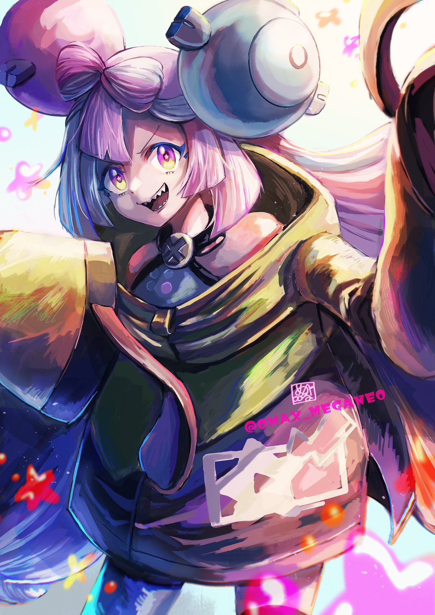 megane (0max megane0), iono (pokemon), magnemite, nintendo, pokemon, pokemon sv, highres, mixed-language commentary, 1girl, :d, artist name, blue hair, blunt ends, bow-shaped hair, character hair ornament, cowboy shot, criss-cross halter, fake hair bun, gen 1 pokemon, grey pantyhose, hair ornament, halter shirt, halterneck, jacket, long hair, looking at viewer, multicolored eyes, multicolored hair, open mouth, oversized clothes, pantyhose, pink eyes, pink hair, sharp teeth, single leg pantyhose, sleeves past fingers, sleeves past wrists, smile, solo, split-color hair, star-shaped pupils, star (symbol), symbol-shaped pupils, teeth, two-tone hair, yellow eyes, yellow jacket