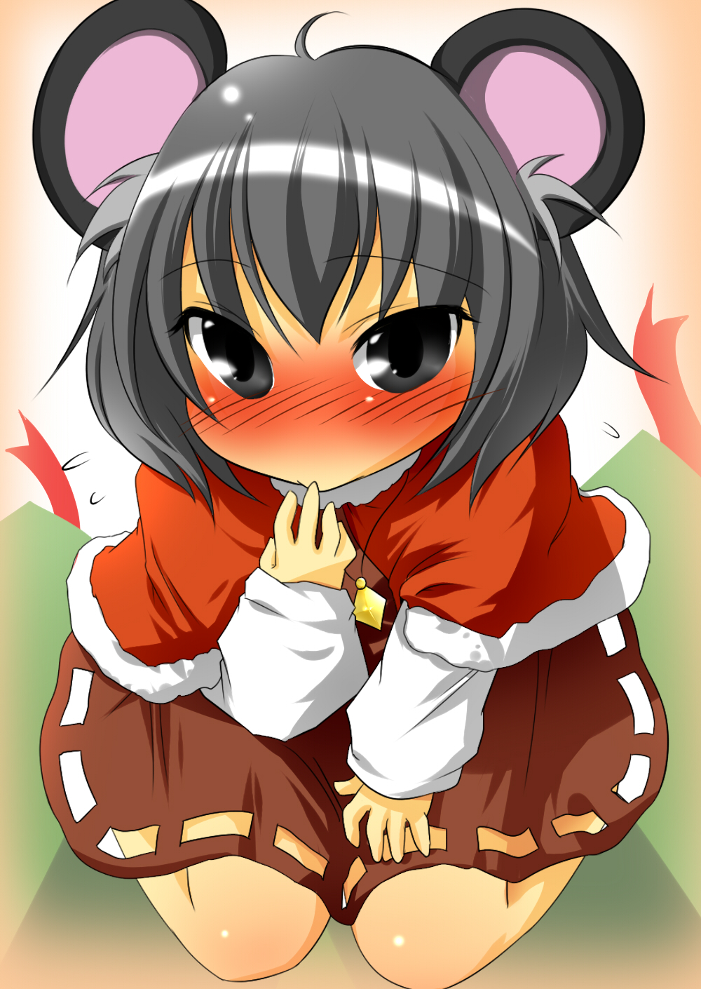 aki (akikaze asparagus), autumn (artist), nazrin, touhou, highres, 1girl, animal ears, blush, christmas, female focus, gift, grey eyes, grey hair, mouse ears, santa costume, short hair, solo