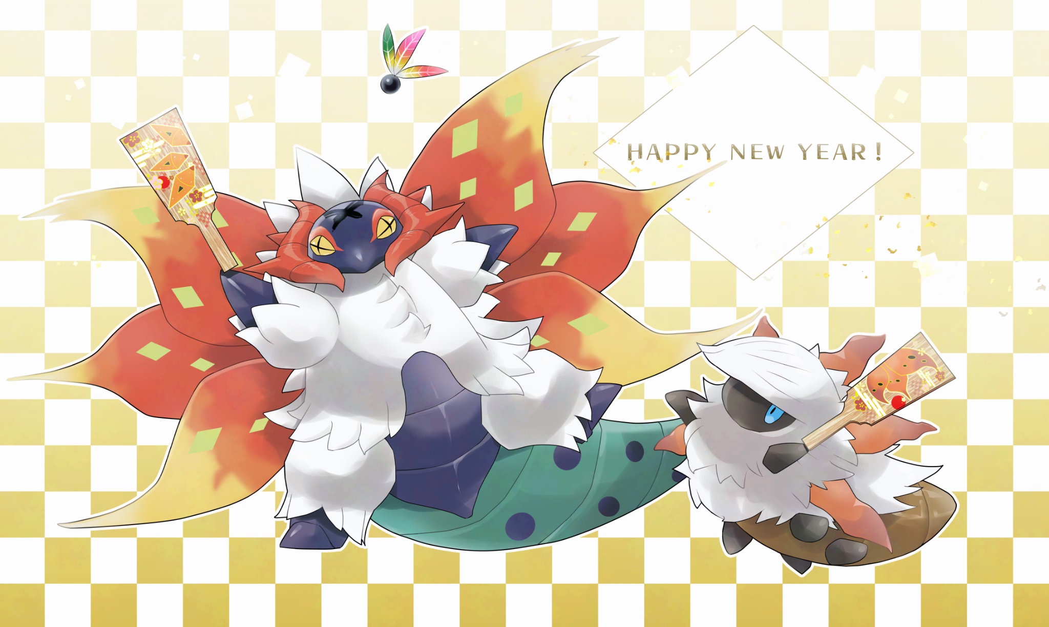 mofu (pk3566), larvesta, slither wing, nintendo, pokemon, commentary request, highres, + +, animal focus, blue eyes, bug, colored sclera, cross-shaped pupils, gen 5 pokemon, hane (hanetsuki), hanetsuki, happy new year, holding, holding paddle, horns, insect, moth, multiple wings, new year, no humans, orange wings, paddle, pokemon (creature), pokemon focus, symbol-shaped pupils, tail, white fur, wings, yellow eyes, yellow sclera