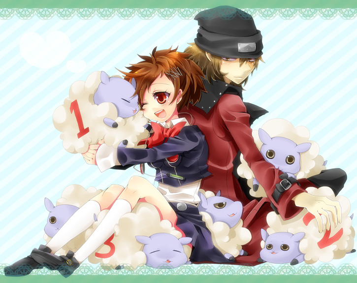 shooting428star, aragaki shinjirou, shiomi kotone, atlus, persona, persona 3, persona 3 portable, 1boy, 1girl, animal, beanie, bow, brown hair, coat, couple, hair ornament, hairclip, hat, headphones, hetero, hug, one eye closed, open mouth, red eyes, school uniform, sheep, skirt, smile, trench coat, wink