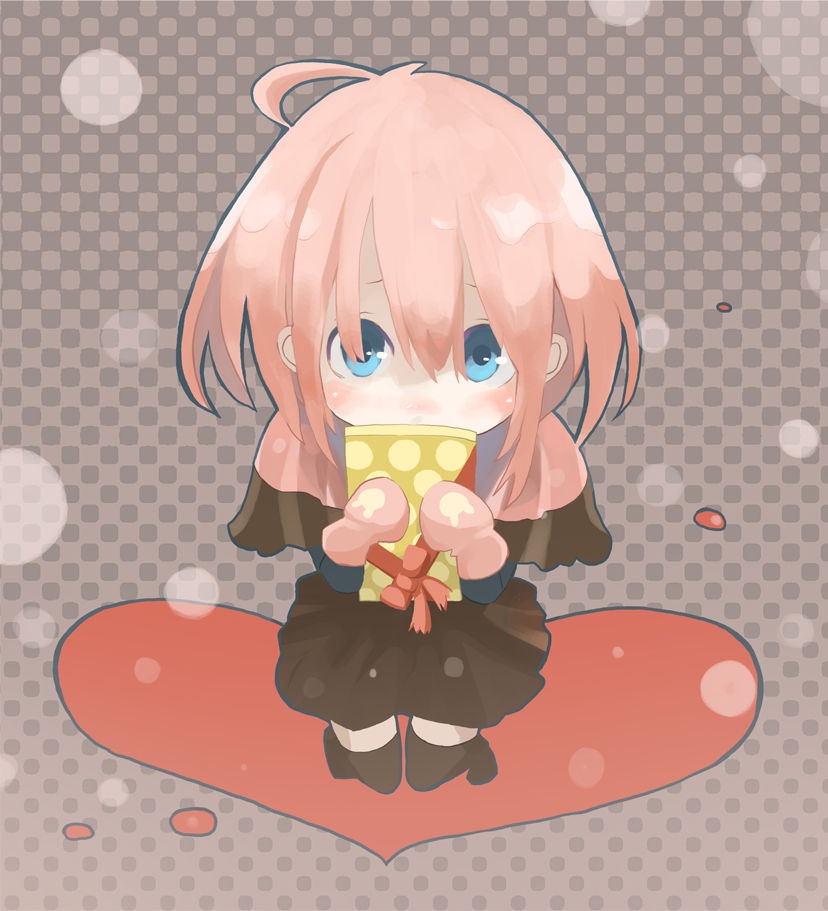 tansuke, takagi (tansuke), original, blue eyes, blush, checkered background, chibi, gift, gloves, holding, holding gift, long hair, pink hair, skirt, solo