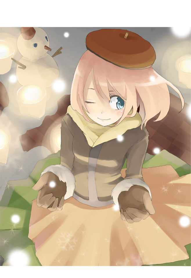 tansuke, takagi (tansuke), original, blue eyes, gloves, hat, one eye closed, pink hair, skirt, smile, snow, snowman, solo, wink