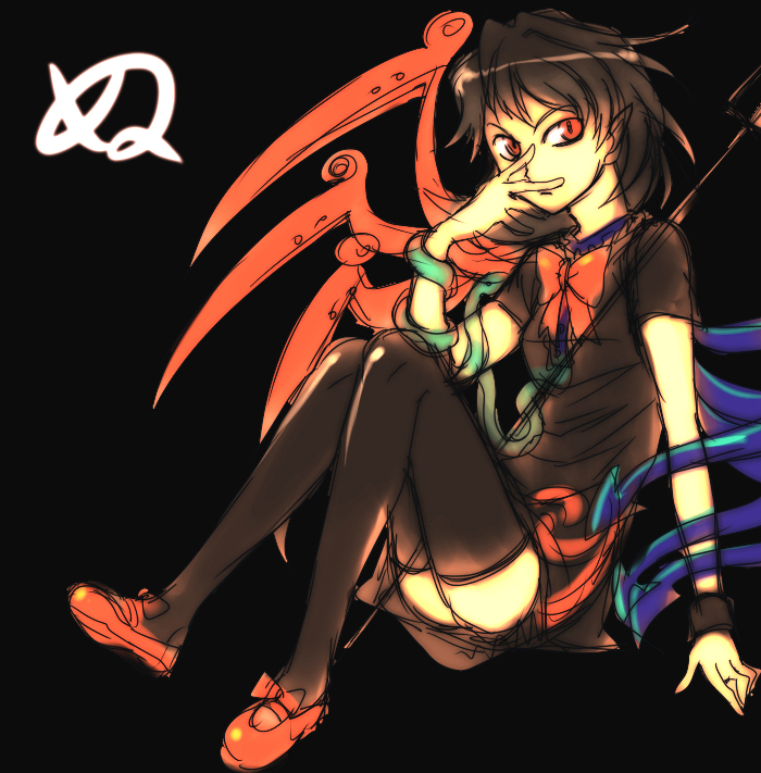 re ghotion, houjuu nue, touhou, 1girl, black hair, black thighhighs, dark, female focus, legs, pointy ears, red eyes, ribbon, shoes, short hair, short sleeves, sitting, slit pupils, snake, solo, thighhighs, weapon, wings, zettai ryouiki