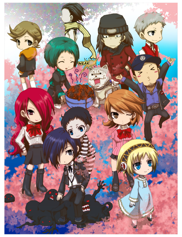 kirita (noraring), noraring, aigis (persona), amada ken, aragaki shinjirou, iori junpei, kirijou mitsuru, koromaru (persona), mochizuki ryouji, pharos, sanada akihiko, takeba yukari, yamagishi fuuka, yuuki makoto (persona 3), atlus, persona, persona 3, bad id, bad pixiv id, 4girls, 6+boys, android, animal, bad cooking, bad food, blonde hair, blue hair, bow, brown hair, chibi, closed eyes, dog, dress, everyone, green hair, hat, headband, long hair, multiple boys, multiple girls, one eye closed, pantyhose, red hair, scarf, school uniform, short hair, skirt, smile, suspenders, wink