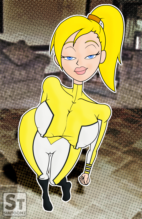 titan maximum, blonde hair, blue eyes, cameltoe, covered erect nipples, formal clothes, nipples, ponytail, smile, suit