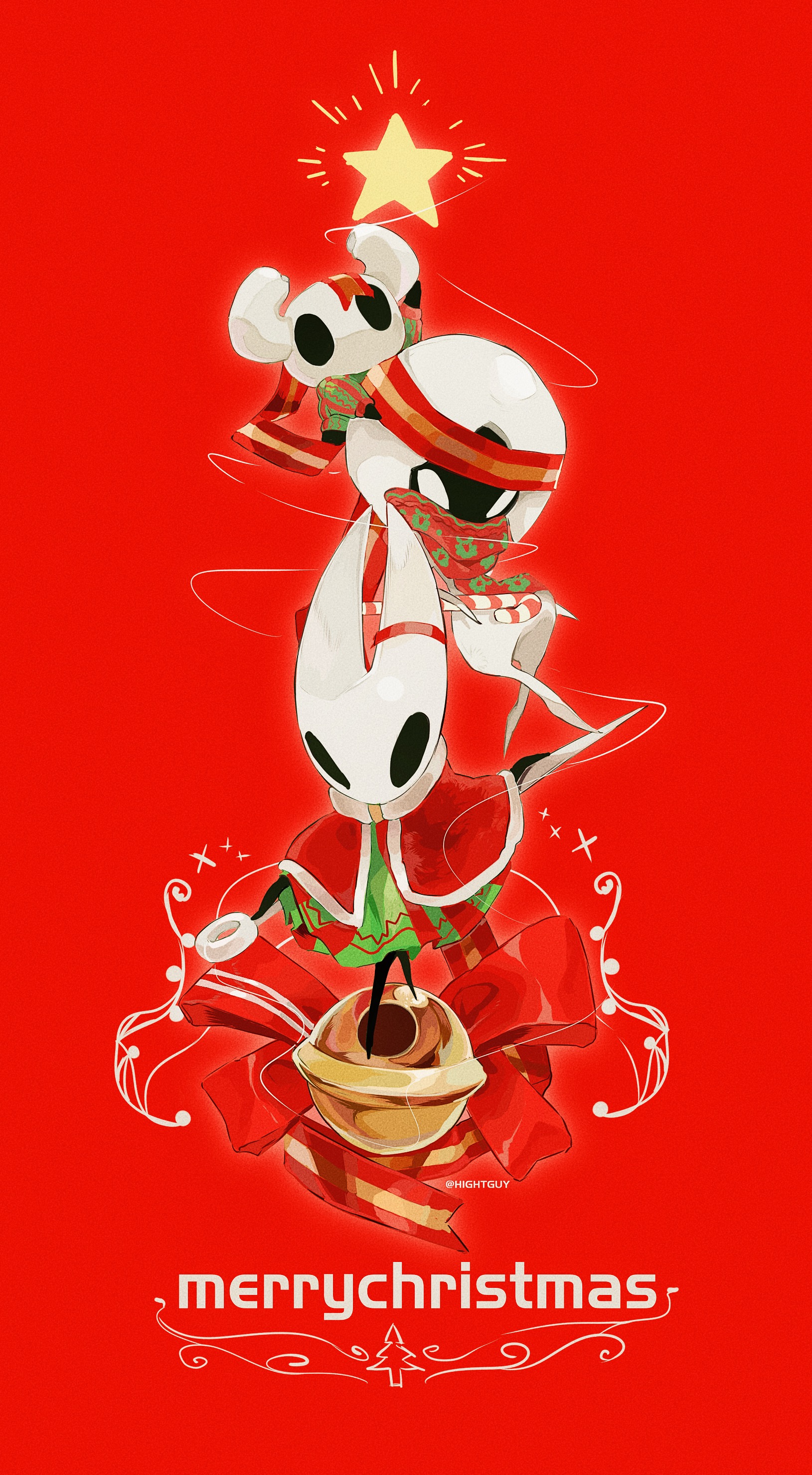 hightguy, flea (hollow knight), hornet (hollow knight), knight (hollow knight), lace (hollow knight), hollow knight, hollow knight: silksong, absurdres, commentary, highres, symbol-only commentary, 1other, 2girls, arm up, artist name, bell, black eyes, bow, candy, candy cane, cloak, english text, food, full body, fur-trimmed cloak, fur trim, green cloak, green scarf, green sweater, hand on another's head, holding, holding behind back, holding candy, holding candy cane, holding food, holding weapon, holding weapon behind back, horns, long sleeves, merry christmas, multiple girls, needle (hollow knight), on person, reaching, red background, red bow, red cloak, red scarf, red sweater, scarf, simple background, star (symbol), sweater, thread, tree, two-tone cloak, two-tone scarf, two-tone sweater, weapon