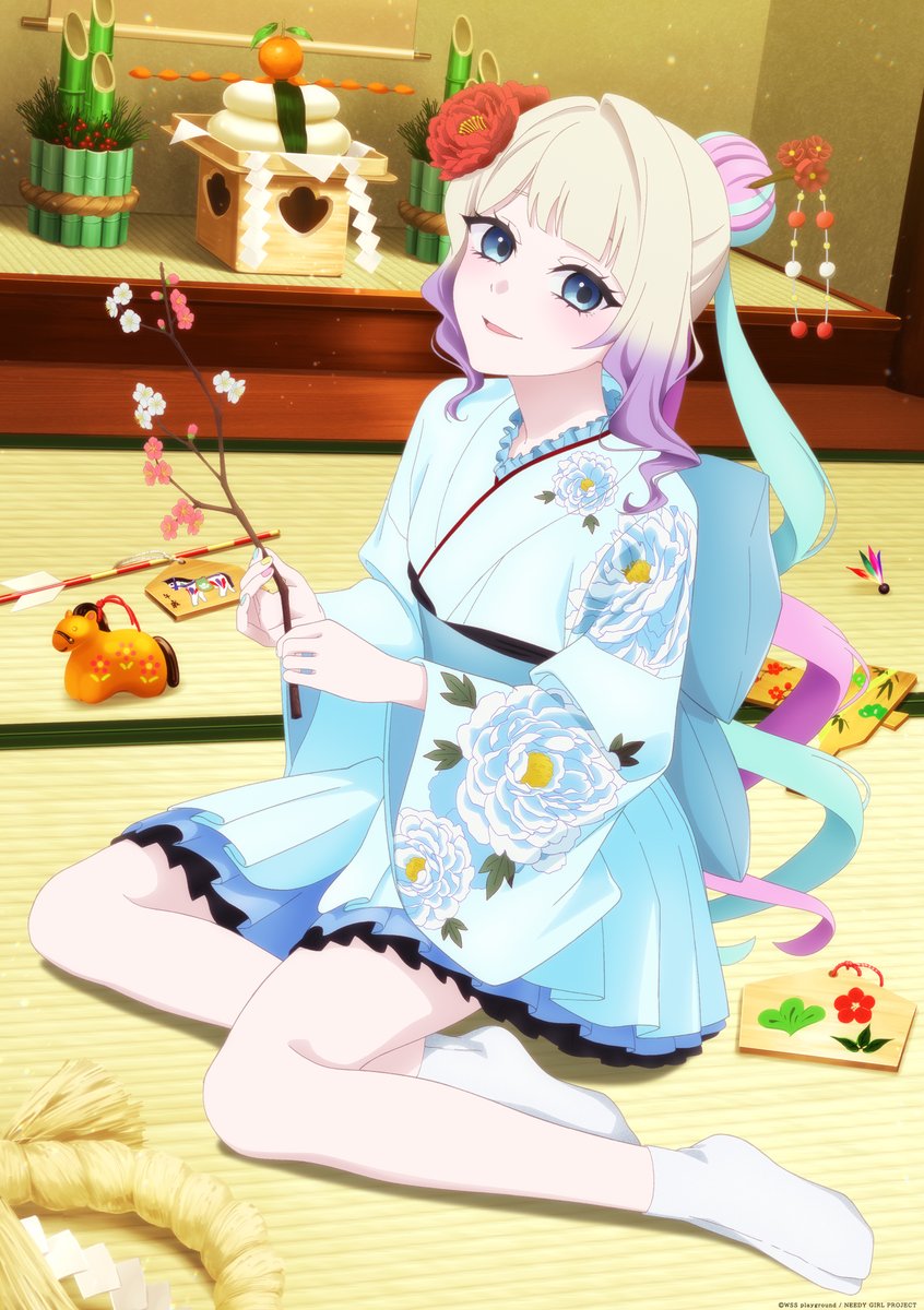 chouzetsusaikawa tenshi-chan, needy girl overdose, artist request, commentary request, highres, official art, 1girl, blue eyes, floral print, floral print kimono, flower, hair flower, hair ornament, japanese clothes, kimono, legs, long sleeves, looking at viewer, multicolored hair, print kimono, solo