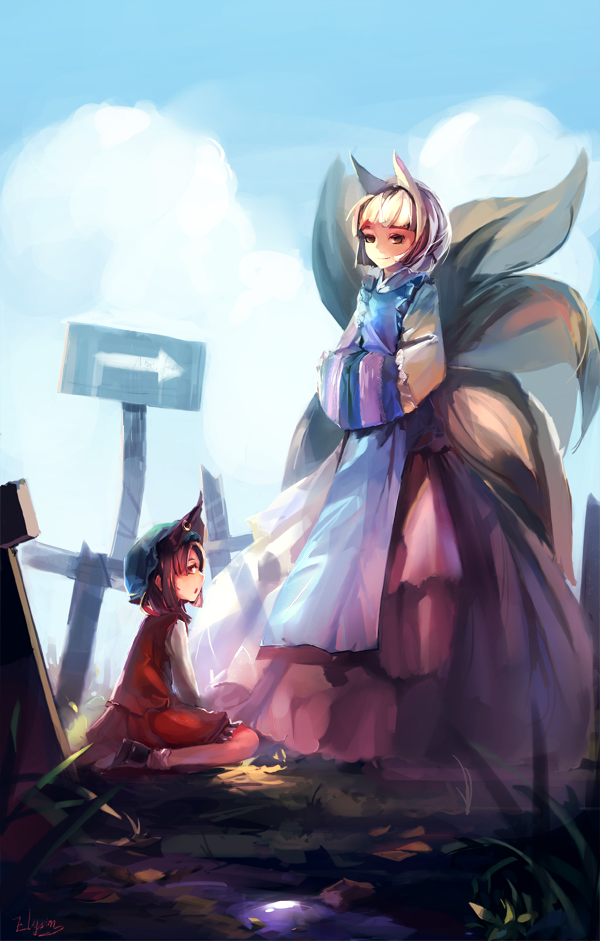 relax (artist), chen, yakumo ran, touhou, 2girls, alternate hairstyle, animal ears, blonde hair, blunt bangs, bob cut, brown hair, cat ears, cat girl, cat tail, extra ears, female focus, fox ears, fox tail, hands in opposite sleeves, hat, multiple girls, multiple tails, no headwear, orange eyes, road sign, short hair, sign, sitting, standing, tail