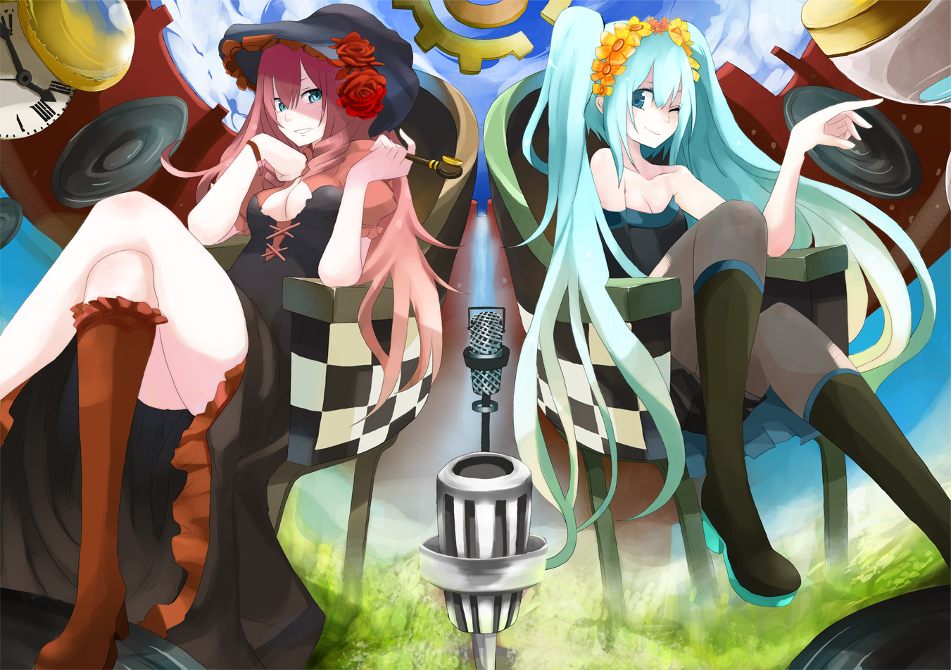 tansuke, hatsune miku, megurine luka, vocaloid, 2girls, aqua eyes, aqua hair, bare shoulders, blue eyes, boots, breasts, chair, cleavage, crossed legs, flower, grass, kiseru, long hair, medium breasts, microphone, microphone stand, multiple girls, one eye closed, pantyhose, pink hair, rose, shoes, single shoe, sitting, small breasts, smoking pipe, twintails, very long hair, wink
