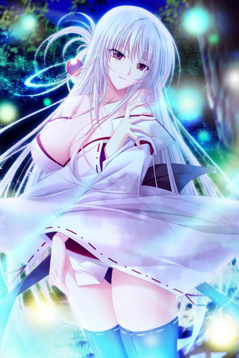 choco chip, kagami tsukimi, atelier kaguya, sara sara sasara, game cg, highres, 1girl, black panties, breasts, cleavage, female focus, japanese clothes, large breasts, legs, long hair, miko, panties, pantyshot, red eyes, solo, thighhighs, thighs, underwear, white hair