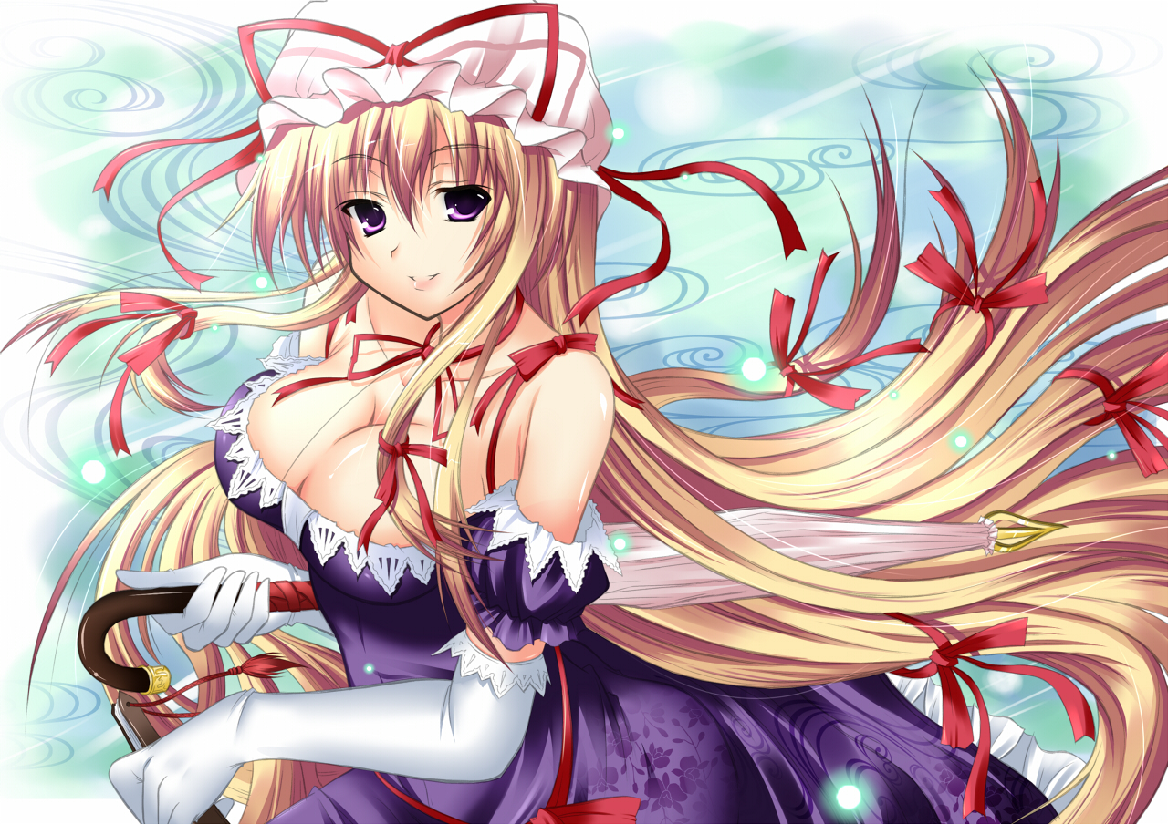 nozomi tsubame, yakumo yukari, touhou, 1girl, blonde hair, breasts, cleavage, closed umbrella, elbow gloves, female focus, gloves, hair ribbon, hat, large breasts, long hair, purple eyes, ribbon, smile, solo, umbrella, white gloves