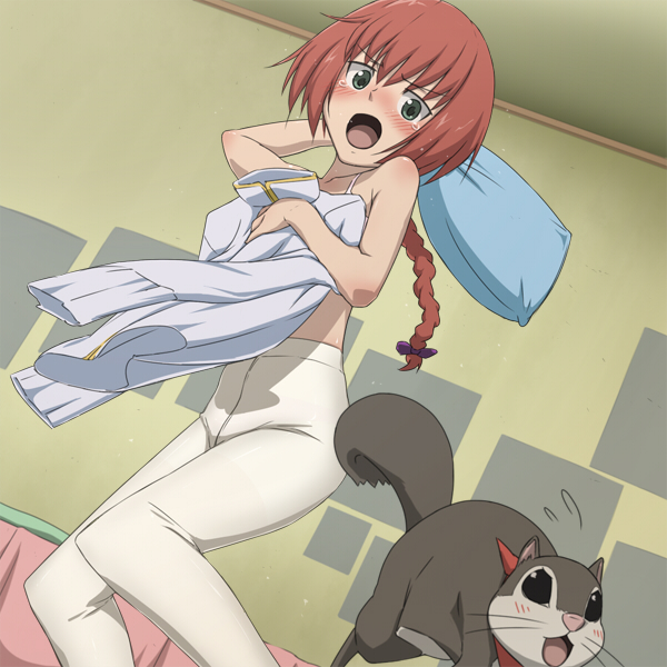 kanna asuke, mao (darker than black), petya, suou pavlichenko, darker than black, 00s, 1girl, bed, black cat, blush, bra, braid, cat, clothes in front, dressing, green eyes, lingerie, pantyhose, pillow, ponytail, red hair, single braid, squirrel, tears, underwear, white pantyhose