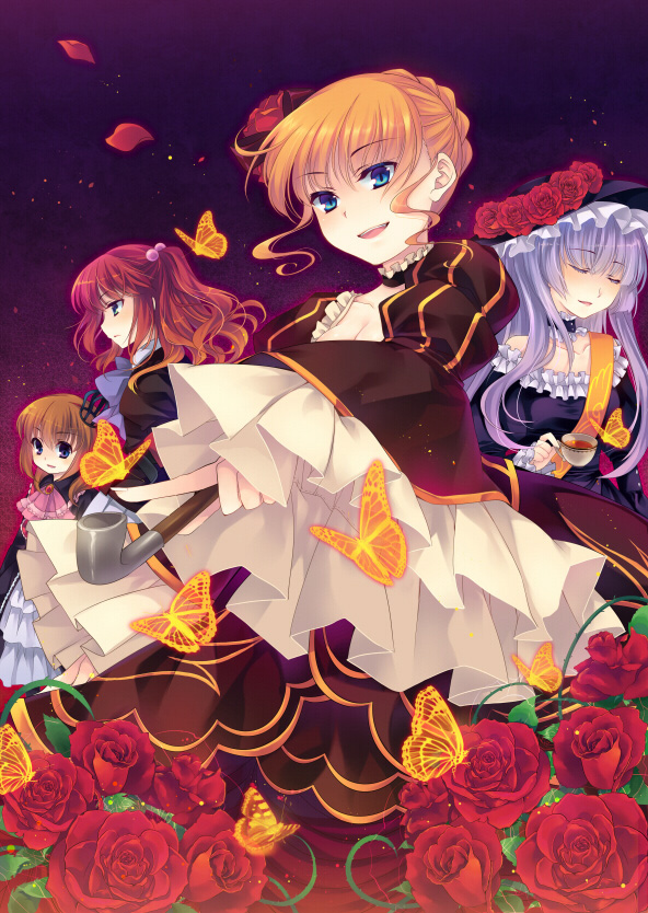 shinia, beatrice (umineko), ushiromiya ange, ushiromiya maria, virgilia (umineko), umineko no naku koro ni, silver hair, 00s, 4girls, blonde hair, blue eyes, brown hair, bug, butterfly, choker, closed eyes, crown, dress, flower, frills, gown, hair bobbles, hair ornament, hat, hime cut, kiseru, long hair, multiple girls, red hair, rose, short hair, smoking pipe