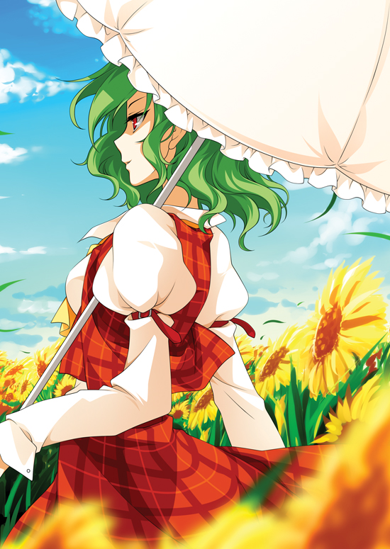 reina (black spider), kazami yuuka, touhou, 1girl, arm garter, ascot, blurry, cloud, day, depth of field, female focus, field, flower, flower field, from behind, green hair, nature, parasol, plaid clothes, plaid skirt, plaid vest, puffy sleeves, red eyes, short hair, skirt, skirt set, solo, sunflower, sunflower field, umbrella, vest, wind