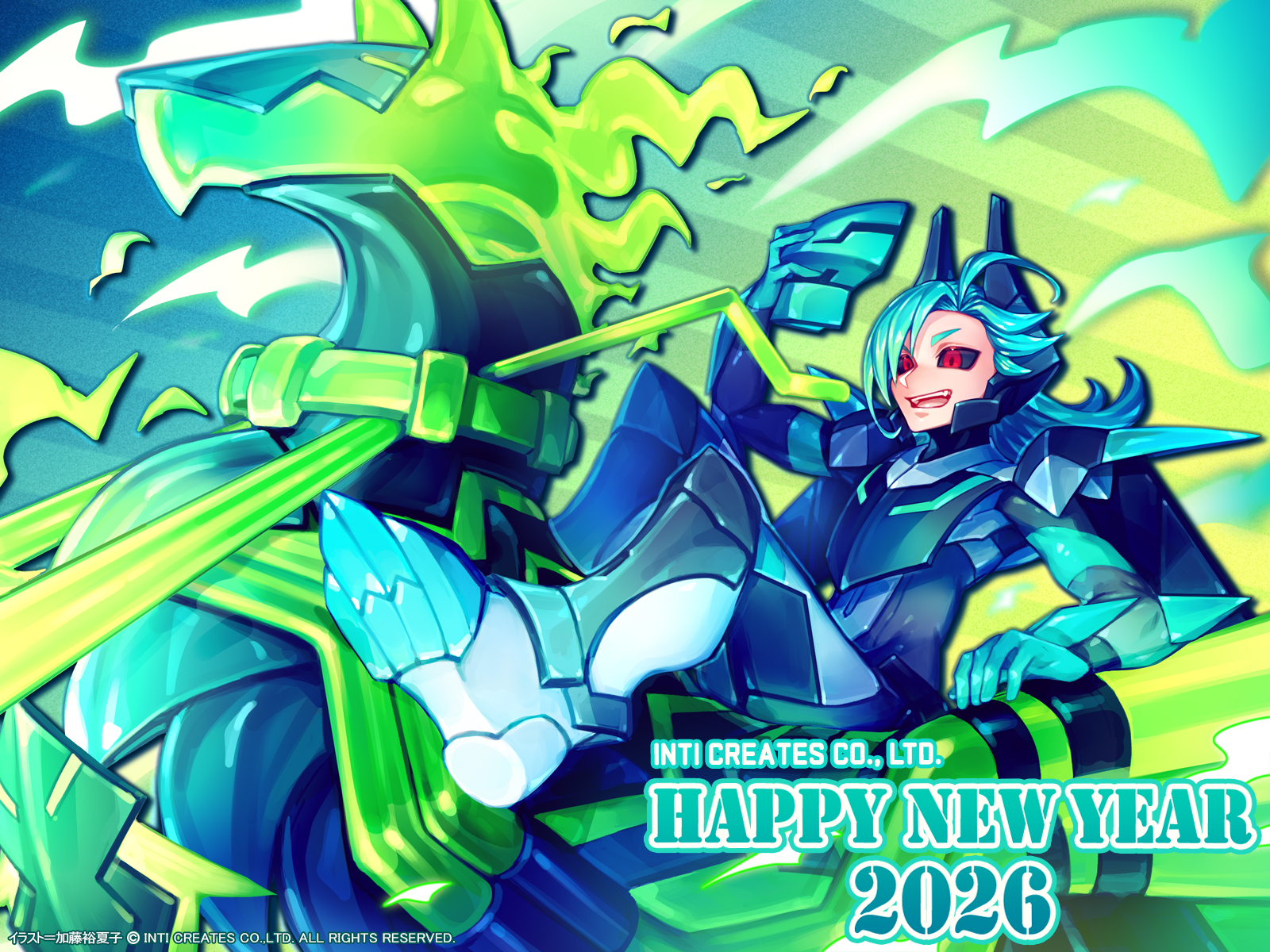 azure striker gunvolt, azure striker gunvolt 3, artist request, highres, official art, 1boy, 2026, armor, b.b. (gunvolt), black armor, black sclera, chinese zodiac, colored sclera, fire, green fire, green hair, happy new year, horse, new year, red eyes, riding, solo focus, year of the horse