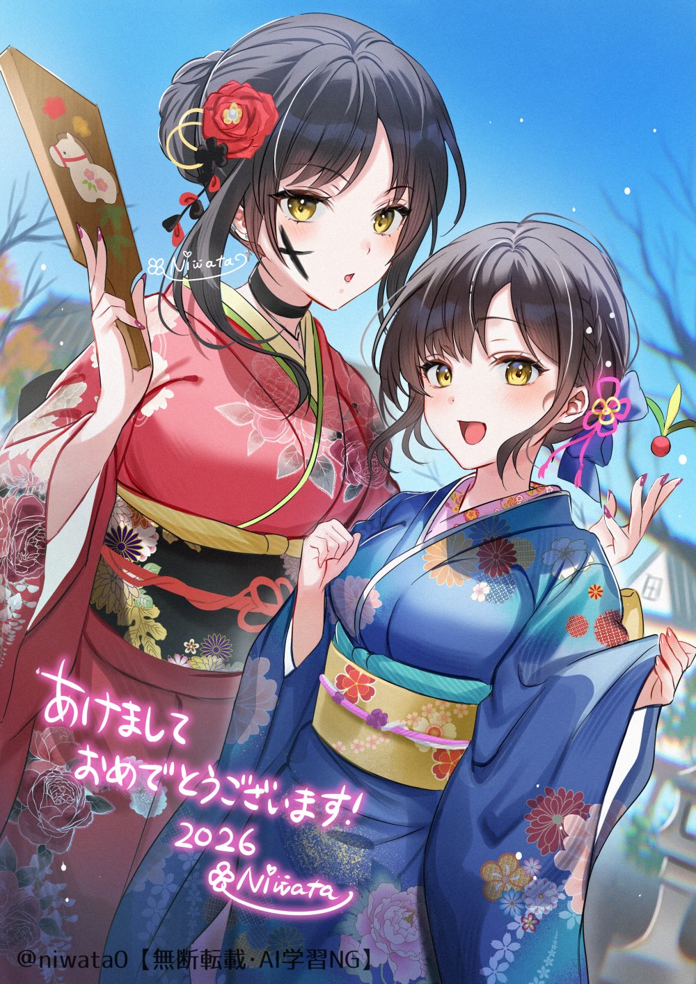 niwata0, aono ruri (niwata0), original, commentary request, highres, 2girls, black choker, blue kimono, blue sky, blush, breasts, brown hair, choker, facepaint, floral print, floral print kimono, hagoita, hair bun, hane (hanetsuki), hanetsuki, holding, holding paddle, japanese clothes, kimono, large breasts, long sleeves, medium breasts, multiple girls, obi, open mouth, outdoors, paddle, print kimono, red kimono, red nails, sash, sky, smile, suou akane (niwata0), yellow eyes