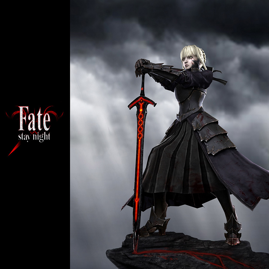 valley rain, valley rain (artist), artoria pendragon (fate), saber (fate), saber alter, saber alter (second ascension), fate/stay night, fate (series), type-moon, 00s, 1girl, 3d, armor, cloud, female focus, full body, outdoors, sky, solo, standing, sword, weapon