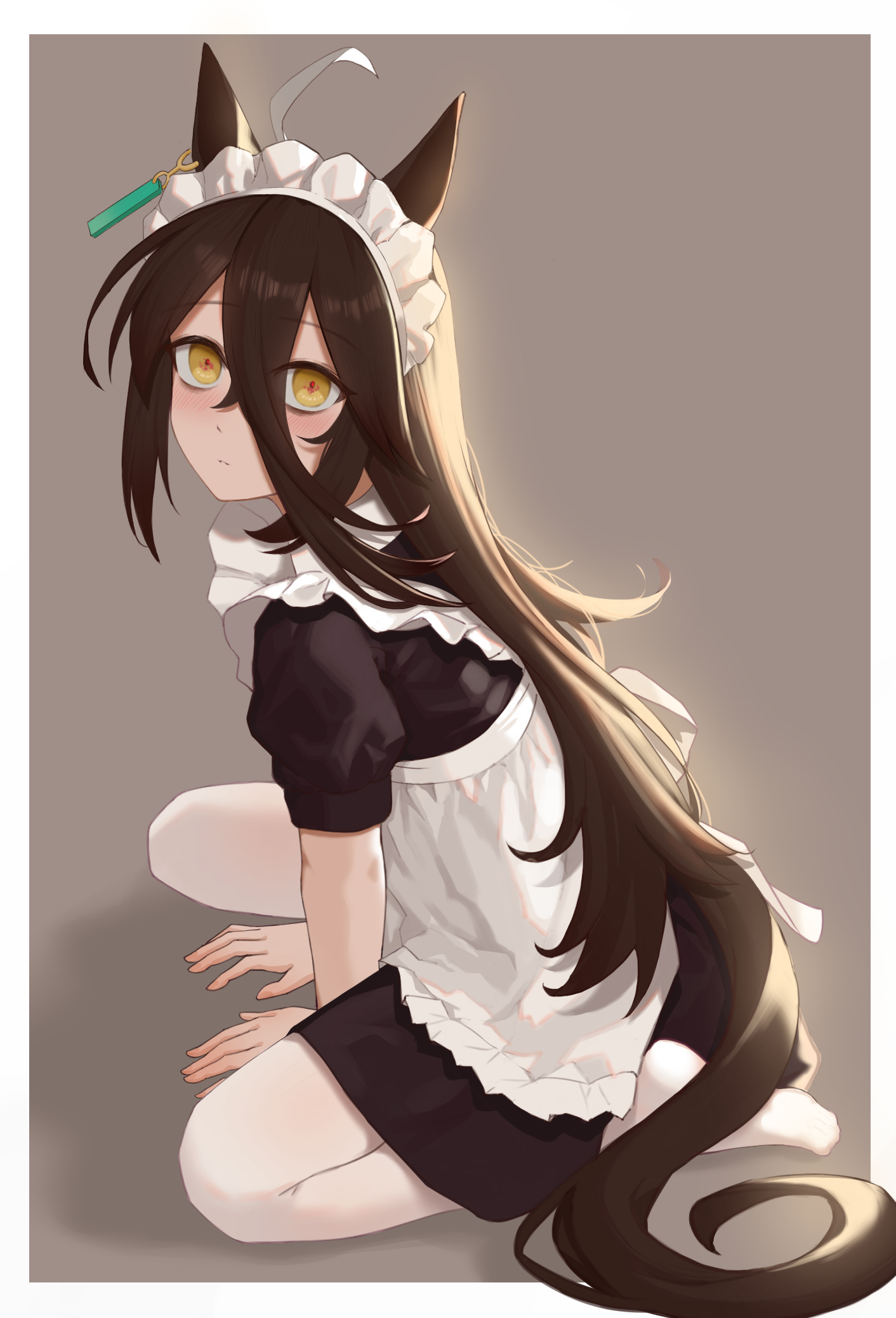 enddada, manhattan cafe (umamusume), umamusume, commentary, highres, symbol-only commentary, 1girl, alternate costume, animal ears, apron, black dress, black hair, closed mouth, dress, hair between eyes, horse ears, horse girl, horse tail, long hair, looking at viewer, maid, maid apron, maid headdress, pantyhose, short sleeves, sitting, solo, tail, wariza, white pantyhose, yellow eyes
