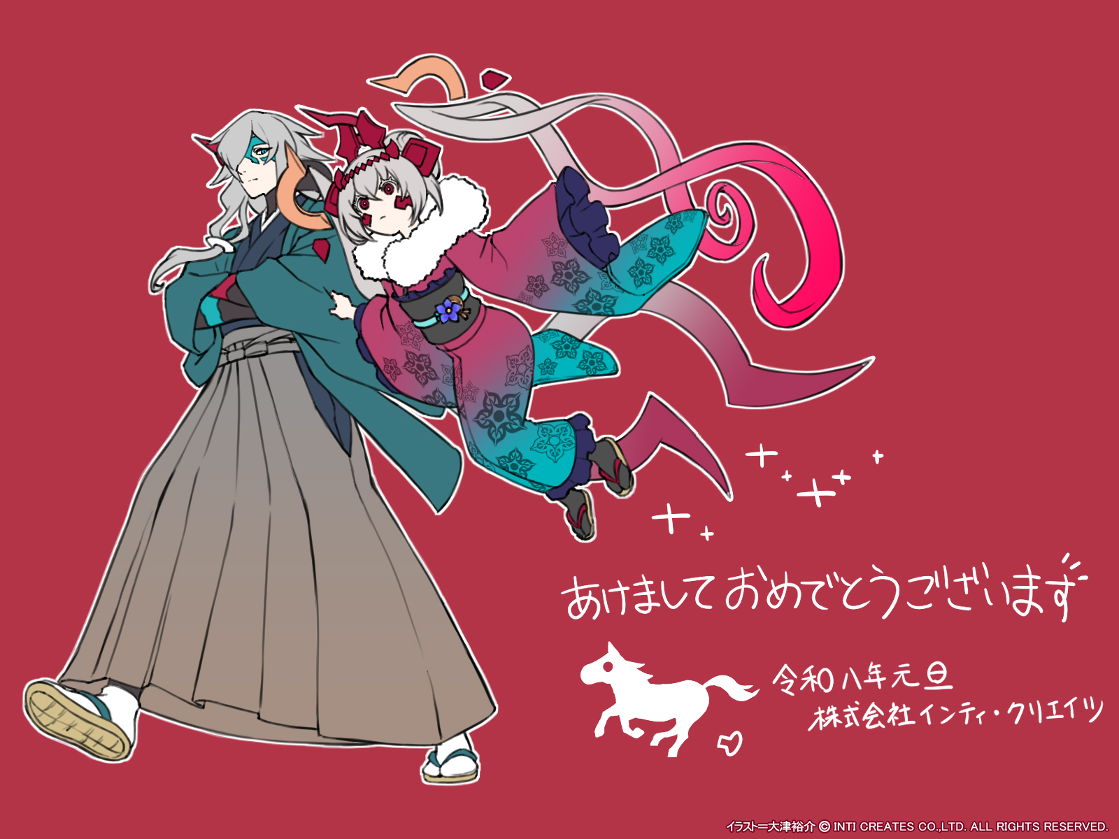 gryebooks, rita (card-en-ciel), card-en-ciel, highres, translation request, 1boy, 1girl, blue eyes, blue kimono, breasts, floating, full body, gradient clothes, gradient kimono, horns, japanese clothes, kimono, medium breasts, midair, nanakt selevan, red eyes, red horns, red kimono, walking