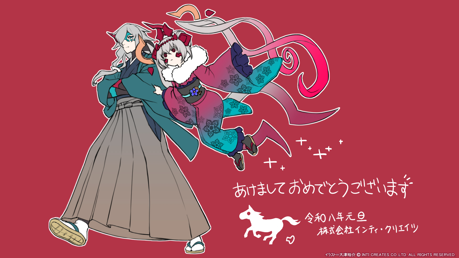 gryebooks, rita (card-en-ciel), card-en-ciel, highres, translation request, 1boy, 1girl, blue eyes, blue kimono, breasts, floating, full body, gradient clothes, gradient kimono, horns, japanese clothes, kimono, medium breasts, midair, nanakt selevan, red eyes, red horns, red kimono, walking