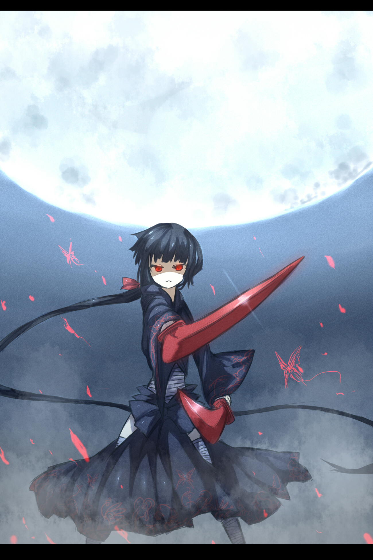 ganesagi, original, pixiv frontier, bad id, bad pixiv id, highres, 1girl, dual wielding, female focus, foreshortening, glowing, glowing eyes, holding, katana, letterboxed, moon, red eyes, solo, sword, weapon
