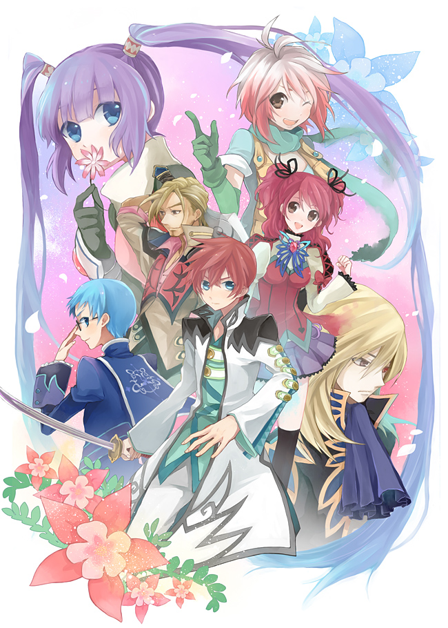hama (sleeps), asbel lhant, cheria barnes, hubert ozwell, malik caesars, pascal (tales), richard (tales), sophie (tales), tales of (series), tales of graces, bad id, bad pixiv id, 3girls, 4boys, ascot, blonde hair, blue eyes, blue hair, blue shirt, brothers, brown eyes, brown hair, flower, glasses, gloves, gradient hair, heterochromia, long hair, multicolored hair, multiple boys, multiple girls, one eye closed, pink hair, purple hair, red hair, scarf, shirt, siblings, skirt, smile, sword, twintails, two-tone hair, two side up, very long hair, weapon, white hair, wink, yellow eyes