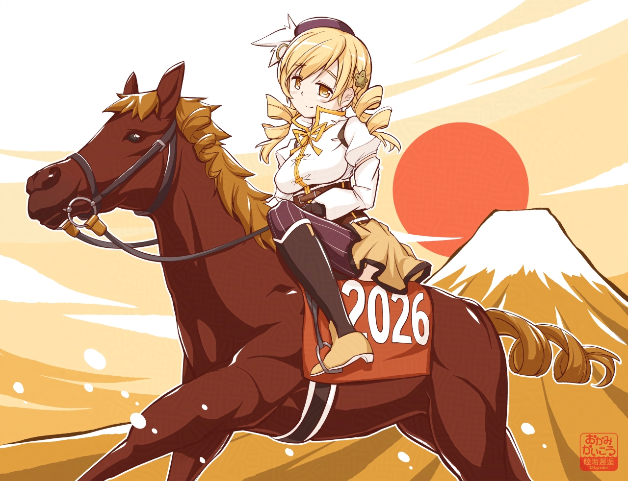 chauke, tomoe mami, mahou shoujo madoka magica, commentary request, 1girl, 2026, beret, blonde hair, breasts, brown horse, chinese zodiac, corset, drill hair, hat, holding, holding reins, horse, horseback riding, large breasts, long hair, magical girl, miniskirt, reins, riding, saddle, skirt, solo, stirrups (riding), striped clothes, striped thighhighs, thighhighs, twin drills, twintails, vertical-striped clothes, vertical-striped thighhighs, year of the horse, yellow eyes, yellow skirt