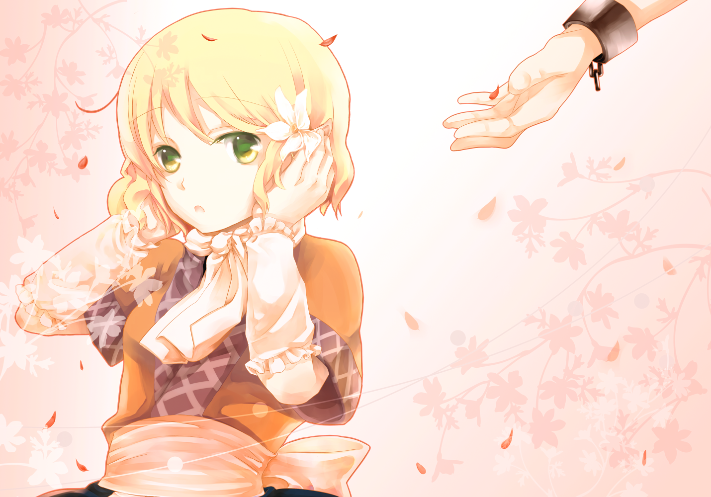atoki, hoshiguma yuugi, mizuhashi parsee, touhou, md5 mismatch, resolution mismatch, source larger, 1girl, arm warmers, blonde hair, chain, cuffs, female focus, flower, green eyes, hair flower, hair ornament, open mouth, out of frame, petals, pointy ears, scarf, short hair, short sleeves, solo focus