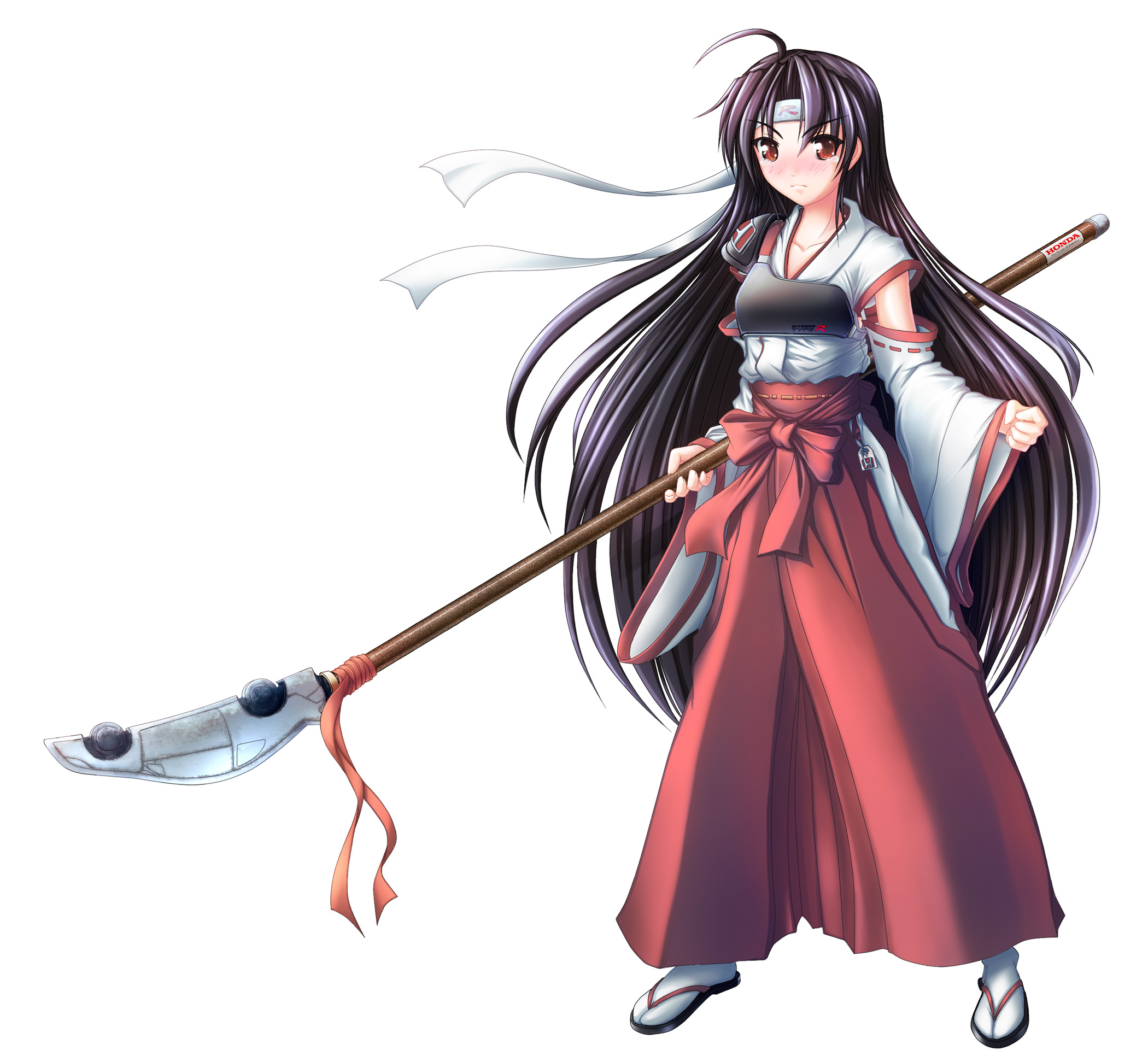 ina (urobronai), honda, original, bad id, bad pixiv id, highres, photoshop (medium), 1girl, ahoge, angry, armor, black hair, blush, breastplate, detached sleeves, female focus, headband, japanese clothes, long hair, miko, personification, polearm, solo, standing, tabi, weapon