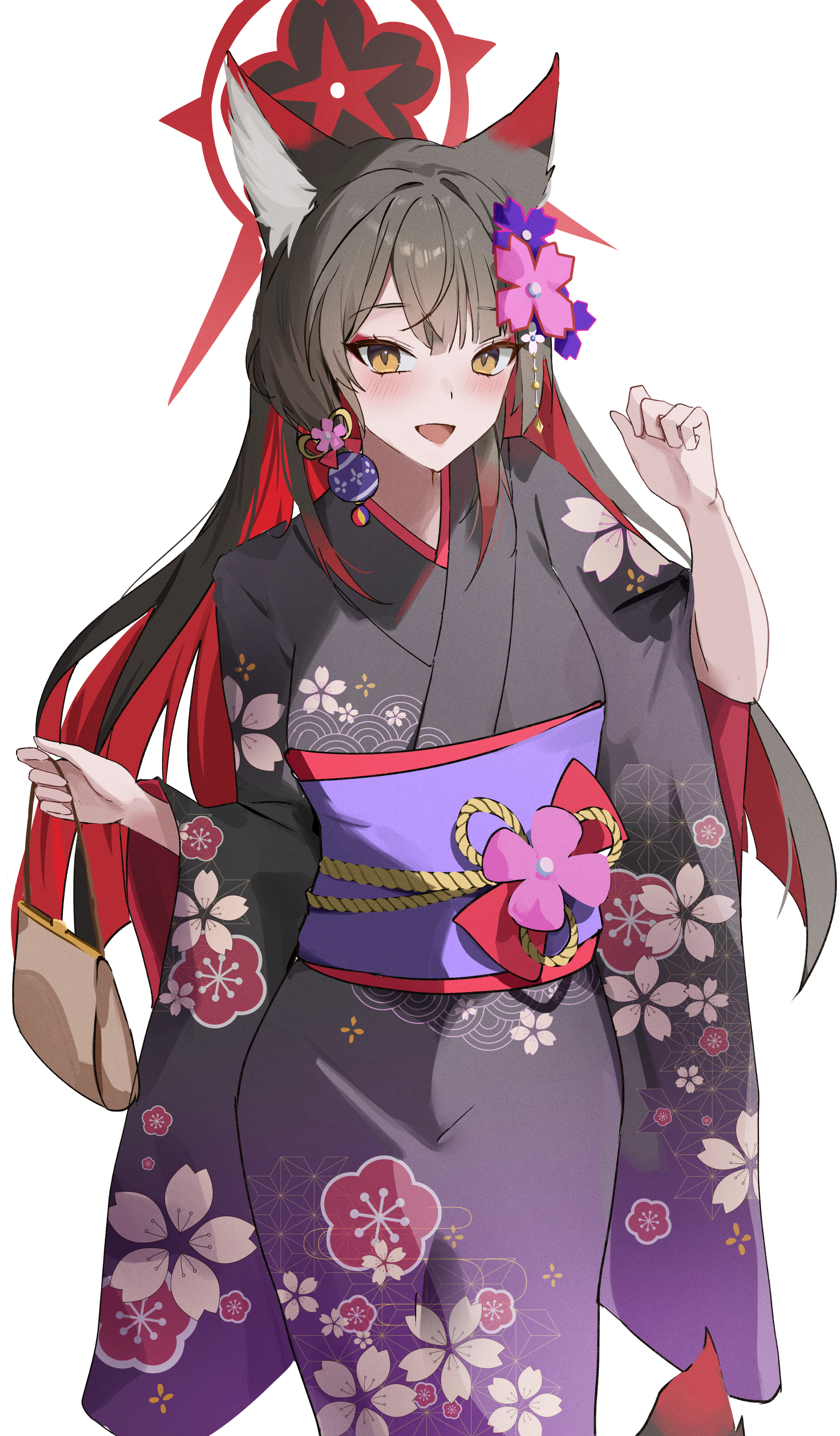 udonpan, wakamo (blue archive), blue archive, absurdres, commentary, english commentary, highres, 1girl, alternate costume, animal ear fluff, animal ears, black hair, blush, colored inner hair, floral print, floral print kimono, flower, fox ears, fox girl, fox tail, hair flower, hair ornament, halo, japanese clothes, kimono, long hair, long sleeves, looking at viewer, multicolored hair, obi, open mouth, print kimono, purple flower, purple kimono, purple sash, red hair, red halo, sash, solo, tail, two-tone hair, wide sleeves, yellow eyes