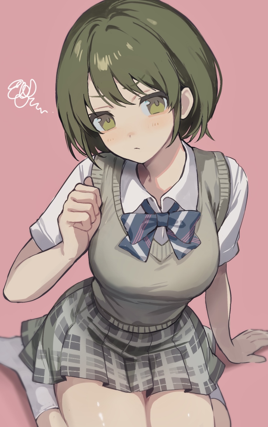 nanakusa nichika, idolmaster, idolmaster shiny colors, commentary request, highres, 1girl, :/, blue bow, blue bowtie, blush, bow, bowtie, diagonal-striped bow, diagonal-striped bowtie, diagonal-striped clothes, green eyes, green hair, grey skirt, grey sweater vest, looking at viewer, pink background, plaid clothes, plaid skirt, pleated skirt, rana5 1052, school uniform, shirt, short hair, short sleeves, simple background, sitting, skirt, socks, solo, squiggle, striped bow, striped bowtie, striped clothes, sweater vest, wariza, white shirt, white socks