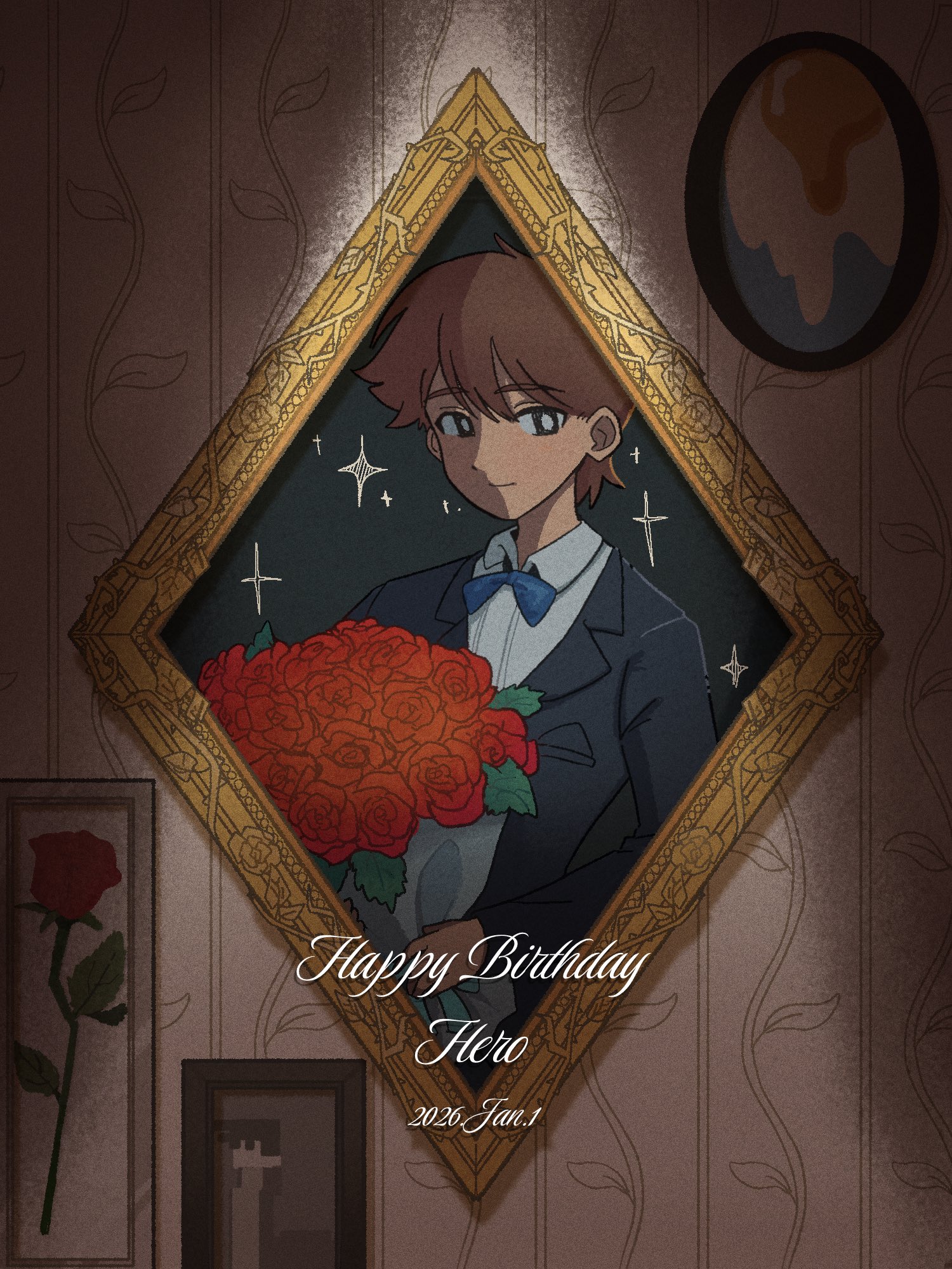 mewowem omo, hero (faraway) (omori), hero (omori), omori, commentary, english commentary, highres, 1boy, alternate costume, antenna hair, black eyes, black suit, blue bow, blue bowtie, bouquet, bow, bowtie, bright pupils, brown hair, character name, closed mouth, dark-skinned male, dark skin, dated, double-parted bangs, english text, flower, formal clothes, hair between eyes, happy birthday, holding, holding bouquet, long sleeves, looking at viewer, male focus, portrait (object), red flower, red rose, rose, short hair, smile, solo, suit, white pupils