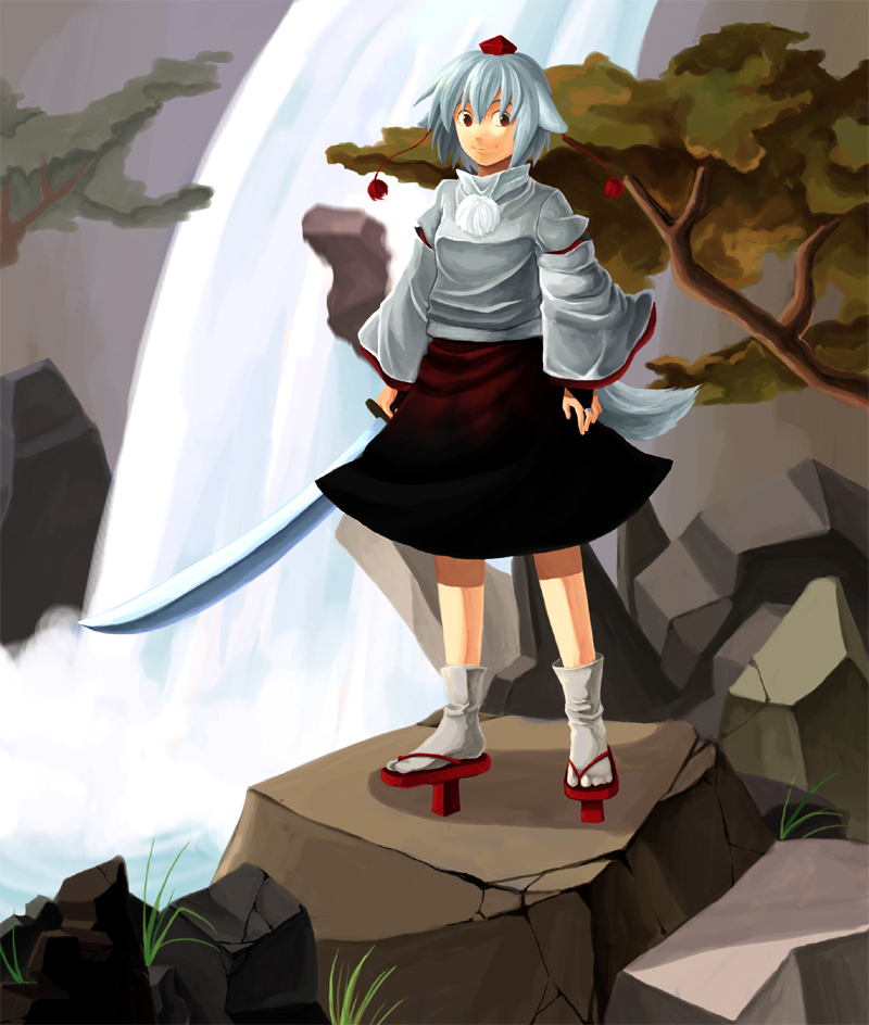 re ghotion, inubashiri momiji, touhou, 1girl, animal ears, female focus, geta, japanese clothes, short hair, smile, solo, sword, tail, tengu-geta, water, waterfall, weapon, wolf ears