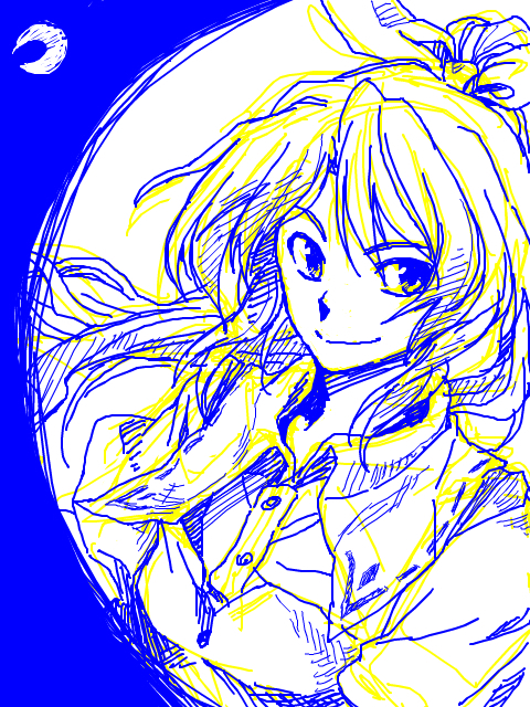 re ghotion, watatsuki no yorihime, silent sinner in blue, touhou, touhou bougetsushou, 1girl, blue theme, crescent moon, female focus, hair ribbon, monochrome, moon, oekaki, ponytail, ribbon, smile, solo