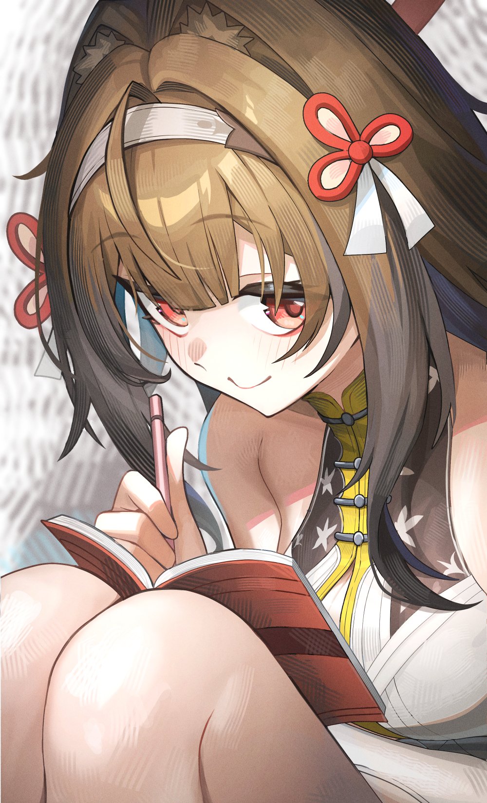 matsuhisa (ryo-tsuda1), ye shunguang, zenless zone zero, commentary request, highres, 1girl, animal ear fluff, animal ears, bare shoulders, blush, book, breasts, brown hair, china dress, chinese clothes, closed mouth, clover, clover hair ornament, dress, droopy ears, hair ornament, hairband, holding, holding book, holding pencil, knees up, long hair, looking at viewer, medium breasts, pencil, red eyes, smile, solo, white dress, white hairband