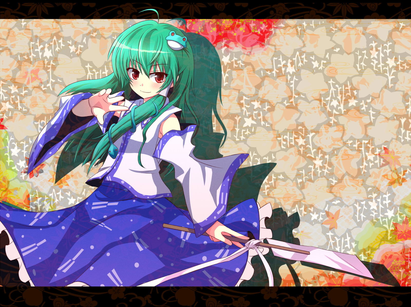 tori rui, kochiya sanae, touhou, highres, 1girl, detached sleeves, female focus, frog, green hair, hair ornament, letterboxed, long hair, red eyes, snake, solo, standing