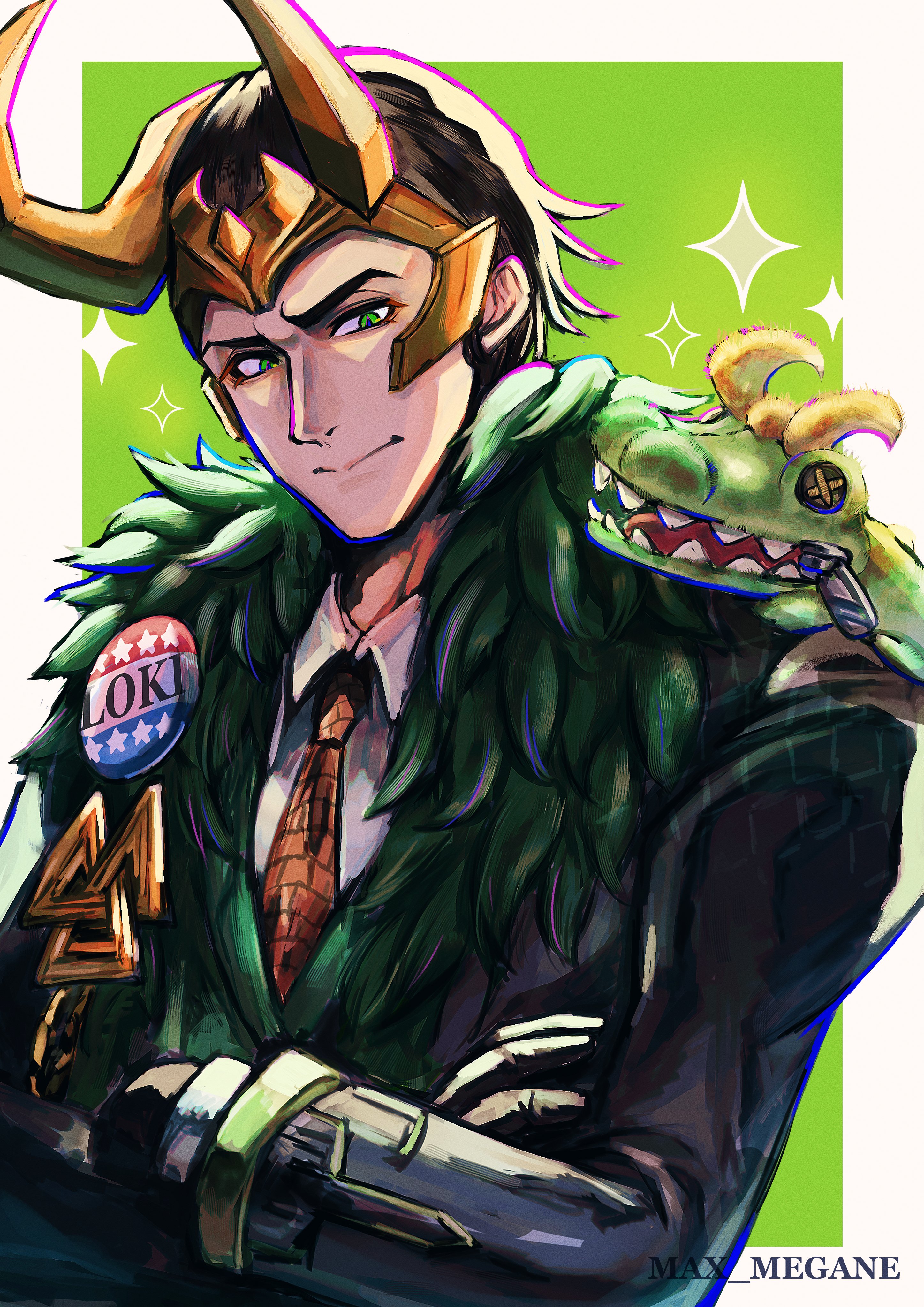 megane (0max megane0), loki (marvel), loki (presidential attire) (marvel), marvel, marvel rivals, thor (marvel) (series), absurdres, commentary, hashtag-only commentary, highres, symbol-only commentary, 1boy, alligator loki, artist name, black gloves, black hair, black jacket, border, character doll, character name, crossed arms, doll, fake horns, fur-trimmed jacket, fur trim, gloves, green background, green eyes, green vest, hair slicked back, horned headwear, horns, jacket, looking to the side, male focus, necktie, official alternate costume, red necktie, shirt, short hair, solo, sparkle, upper body, vest, white border, white shirt, zipper
