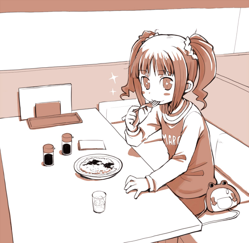 saxyun, takatsuki yayoi, idolmaster, idolmaster (classic), + +, 00s, 1girl, :3, bag, blush stickers, eating, female focus, food, fork, frog, hair ornament, monochrome, raglan sleeves, restaurant, short hair, shoulder bag, sitting, solo, soy sauce, twintails