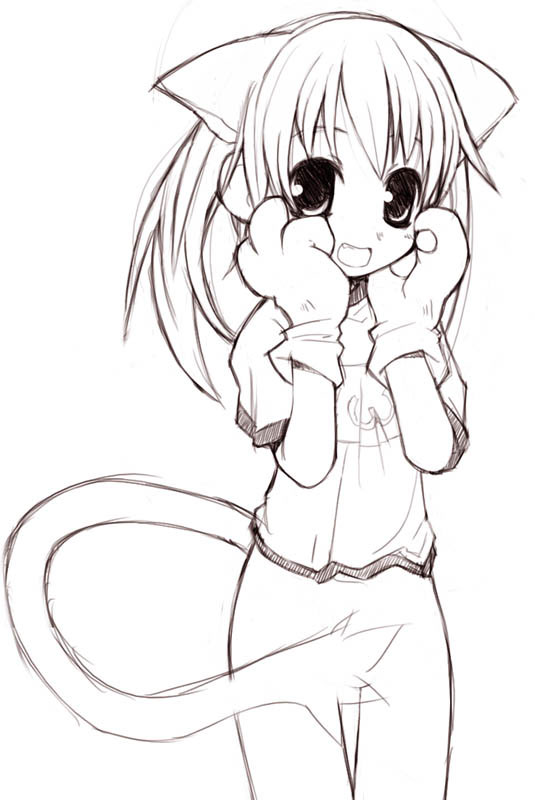 saxyun, animal ears, animal hands, bottomless, cat paws, flat chest, greyscale, loli, monochrome, solo, tail