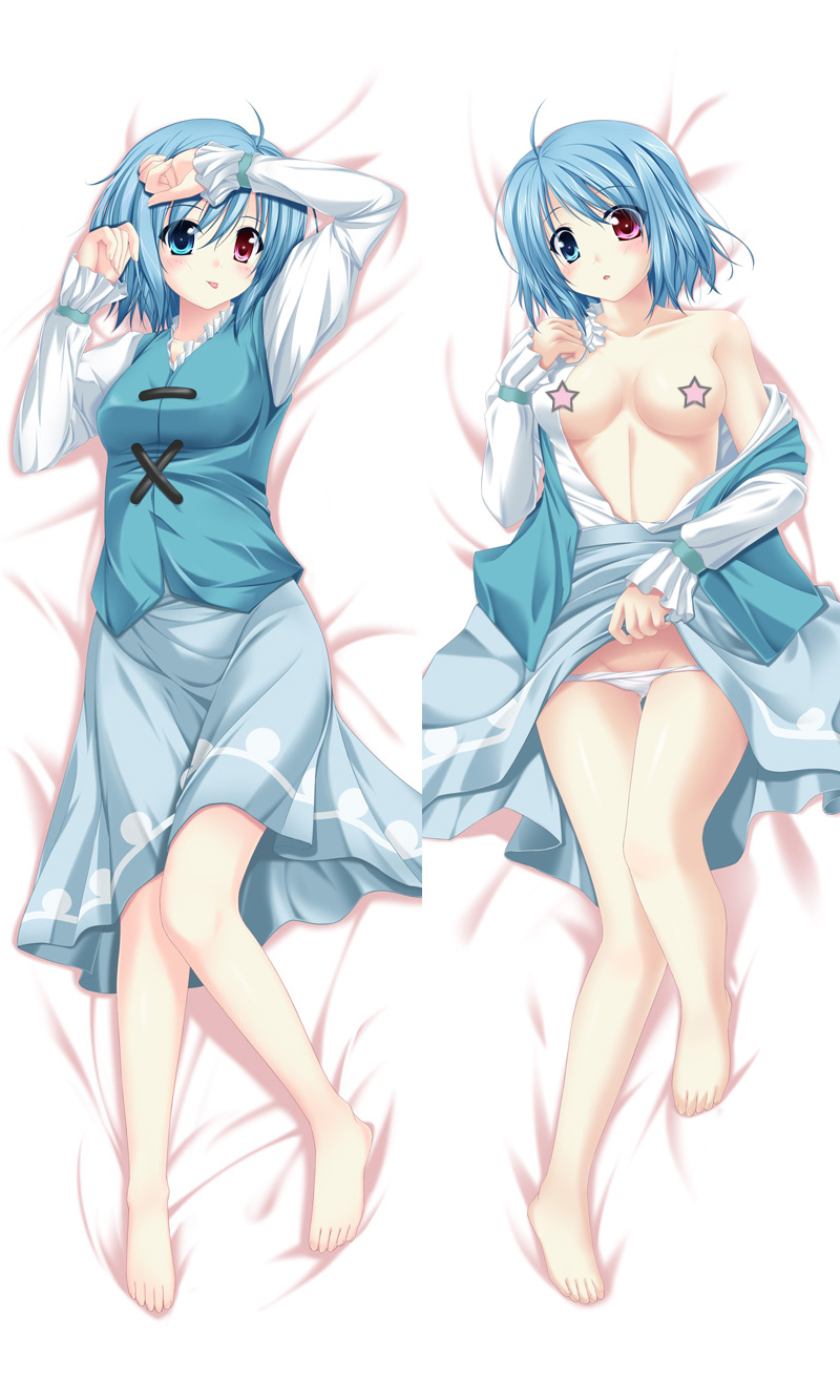 amicis, tatara kogasa, touhou, highres, 1girl, :p, bare shoulders, barefoot, bed, blue eyes, blue hair, breasts, censored, dakimakura (medium), feet, female focus, heterochromia, lying, multiple views, open clothes, open shirt, panties, pantyshot, red eyes, shirt, short hair, skirt, tongue, tongue out, underwear, upskirt